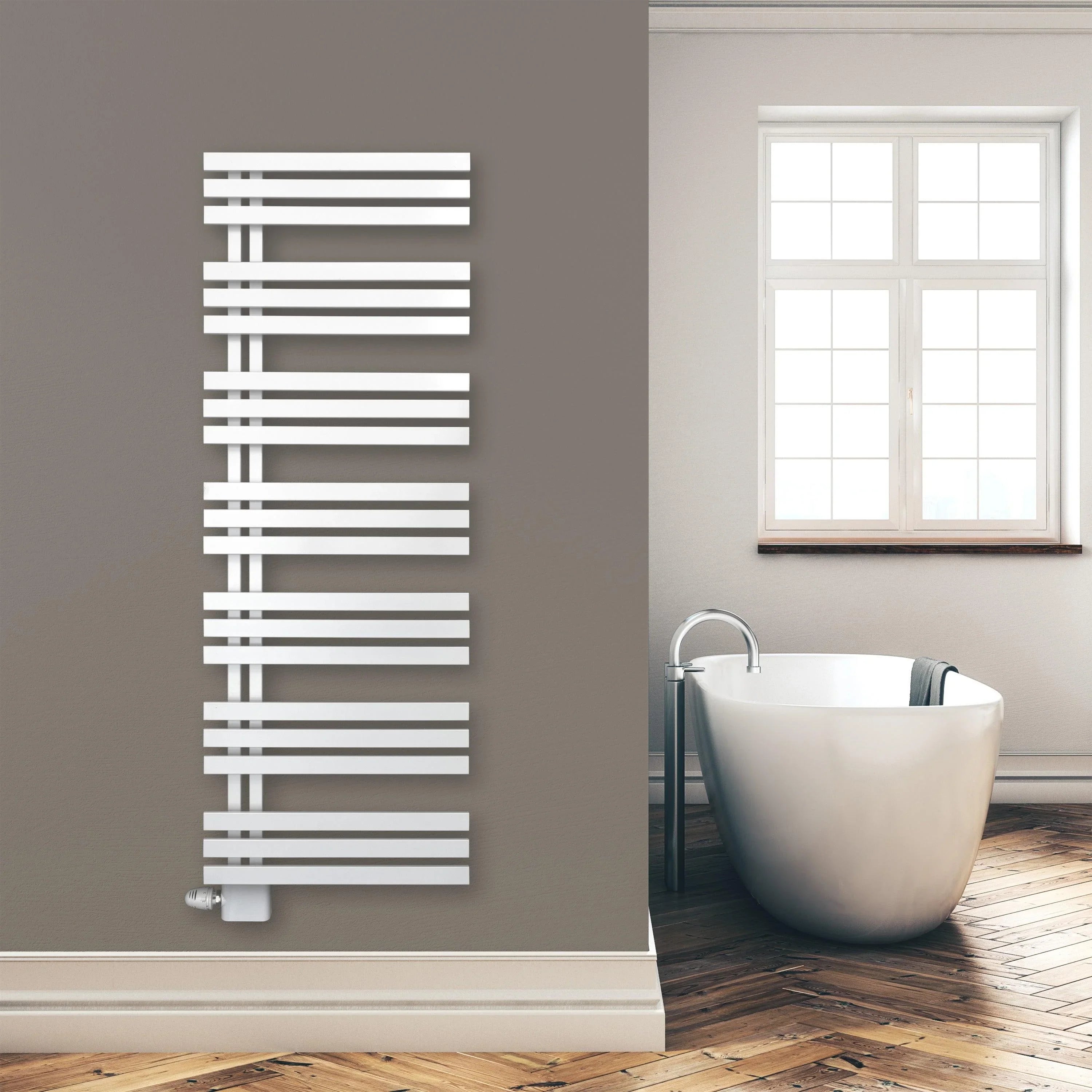 Design Badheizkörper Paneel Heizkörper 1600 x 600 mm Handtuch Mittel Anschluss links rechts inkl. Befestigung seitlich offen Montagebeispiel - heizkoerper.shop