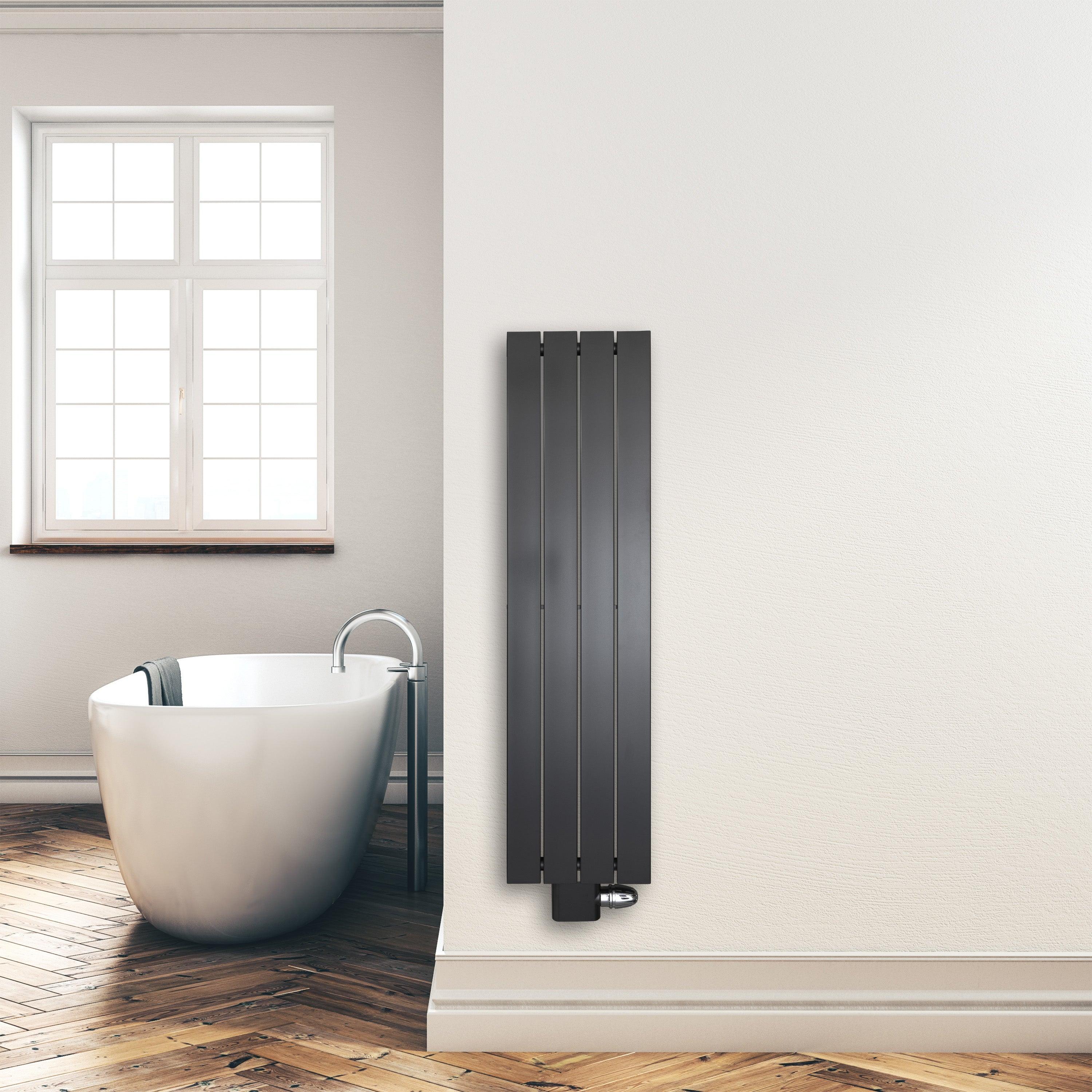 Design Paneelheizkörper 1200 x 298 mm vertikal anthrazit Heizkörper Badheizkörper flach Badezimmer Heizung Montagebeispiel - heizkoerper.shop