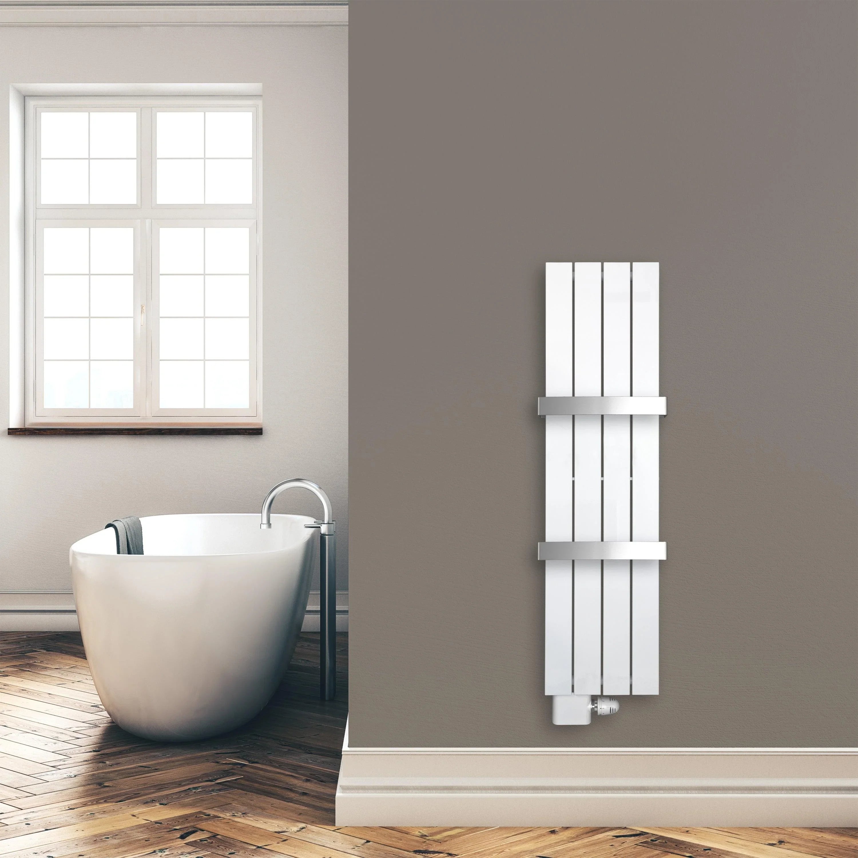 Design Paneelheizkörper 1200 x 298 mm 2 Handtuchstangen Bad Flachheizkörper Anschluss links versetztem Mittelanschluss flach Montagebeispiel - heizkoerper.shop