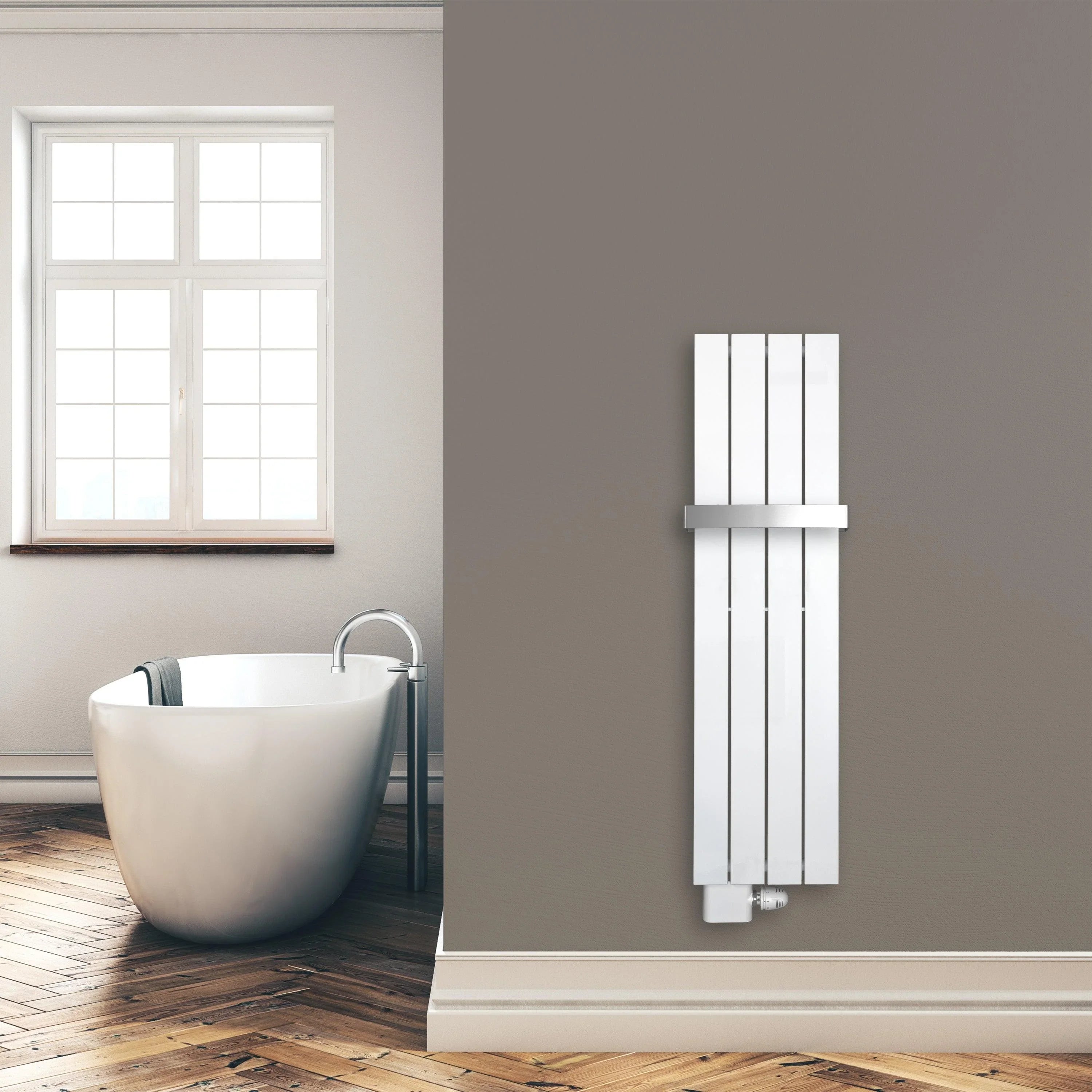 Design Paneelheizkörper 1200 x 298 mm Handtuchstange Bad Flachheizkörper Anschluss links versetztem Mittelanschluss flach Montagebeispiel - heizkoerper.shop