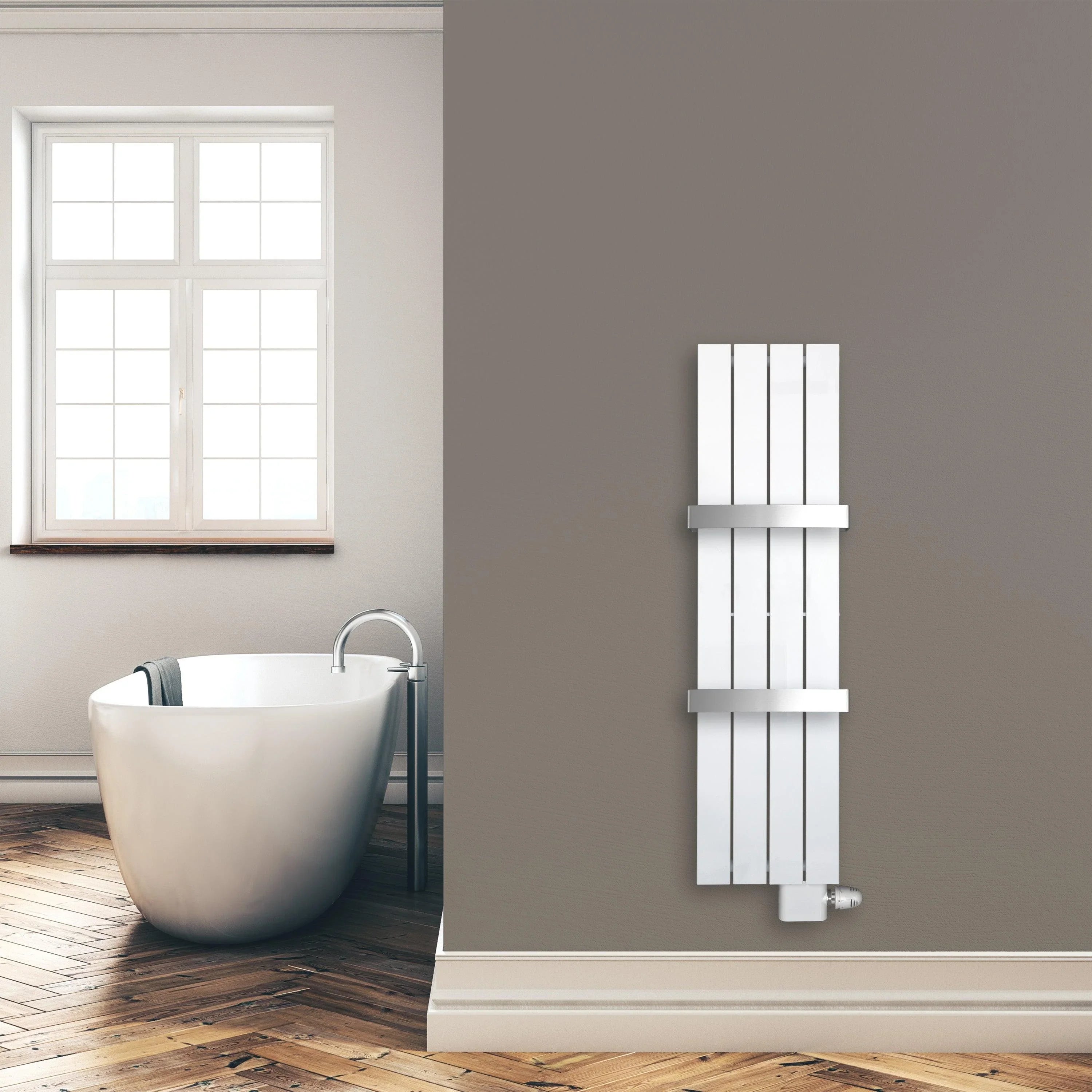 Design Paneelheizkörper 1200 x 298 mm 2 Handtuchstangen Bad Flachheizkörper Anschluss rechts versetztem Mittelanschluss flach Montagebeispiel - heizkoerper.shop