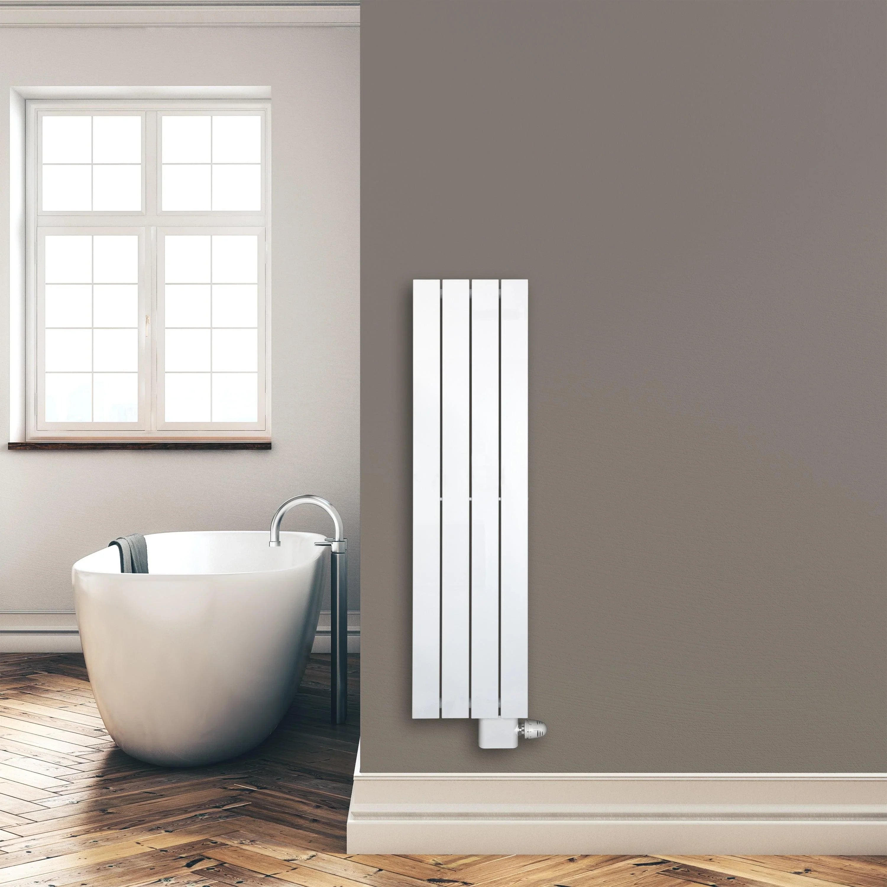 Design Paneelheizkörper 1200 x 298 mm Bad Flachheizkörper mit Anschluss rechts | mit versetztem Mittelanschluss - heizkoerper.shop