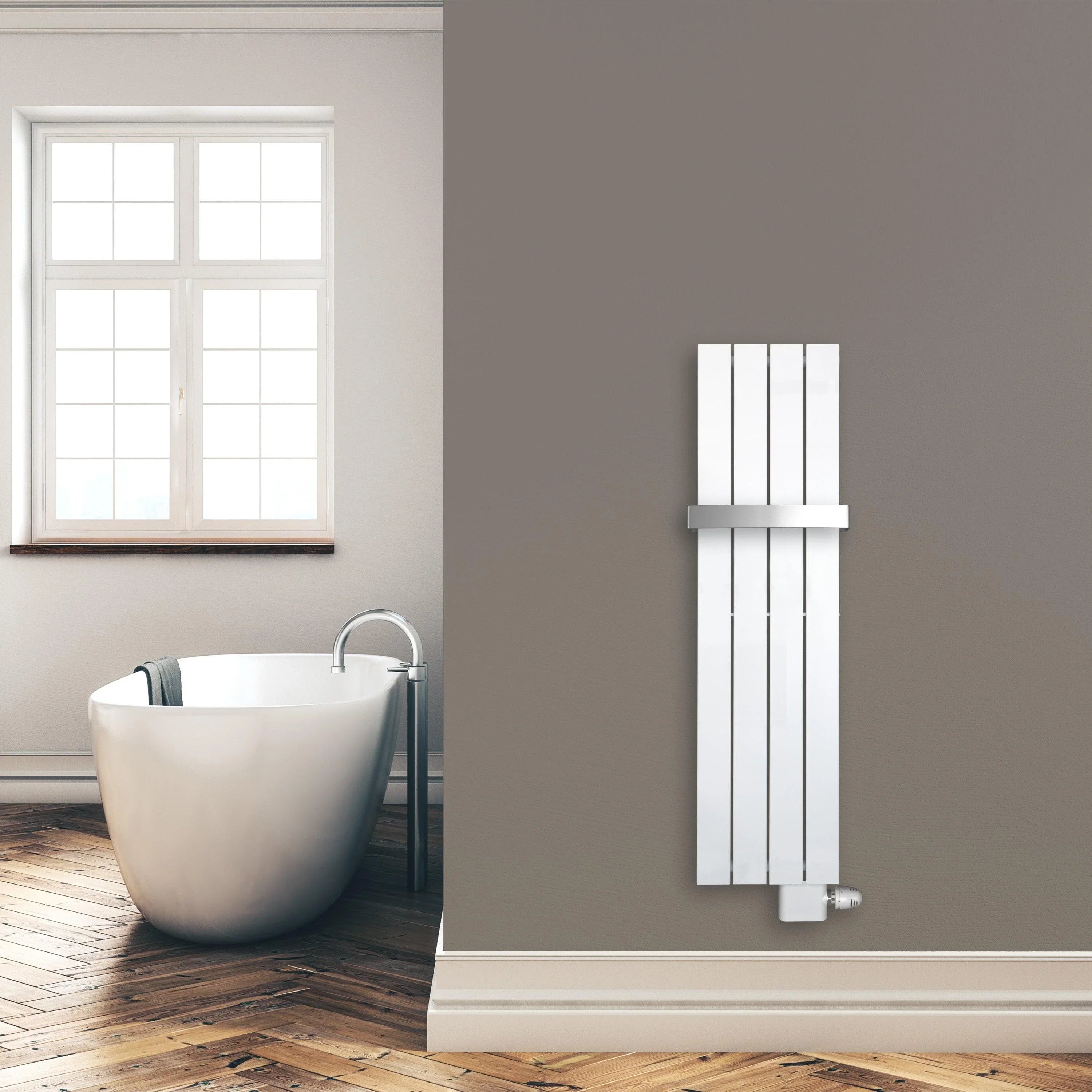 Design Paneelheizkörper 1200 x 298 mm Handtuchstange Bad Flachheizkörper Anschluss rechts versetztem Mittelanschluss flach Montagebeispiel - heizkoerper.shop