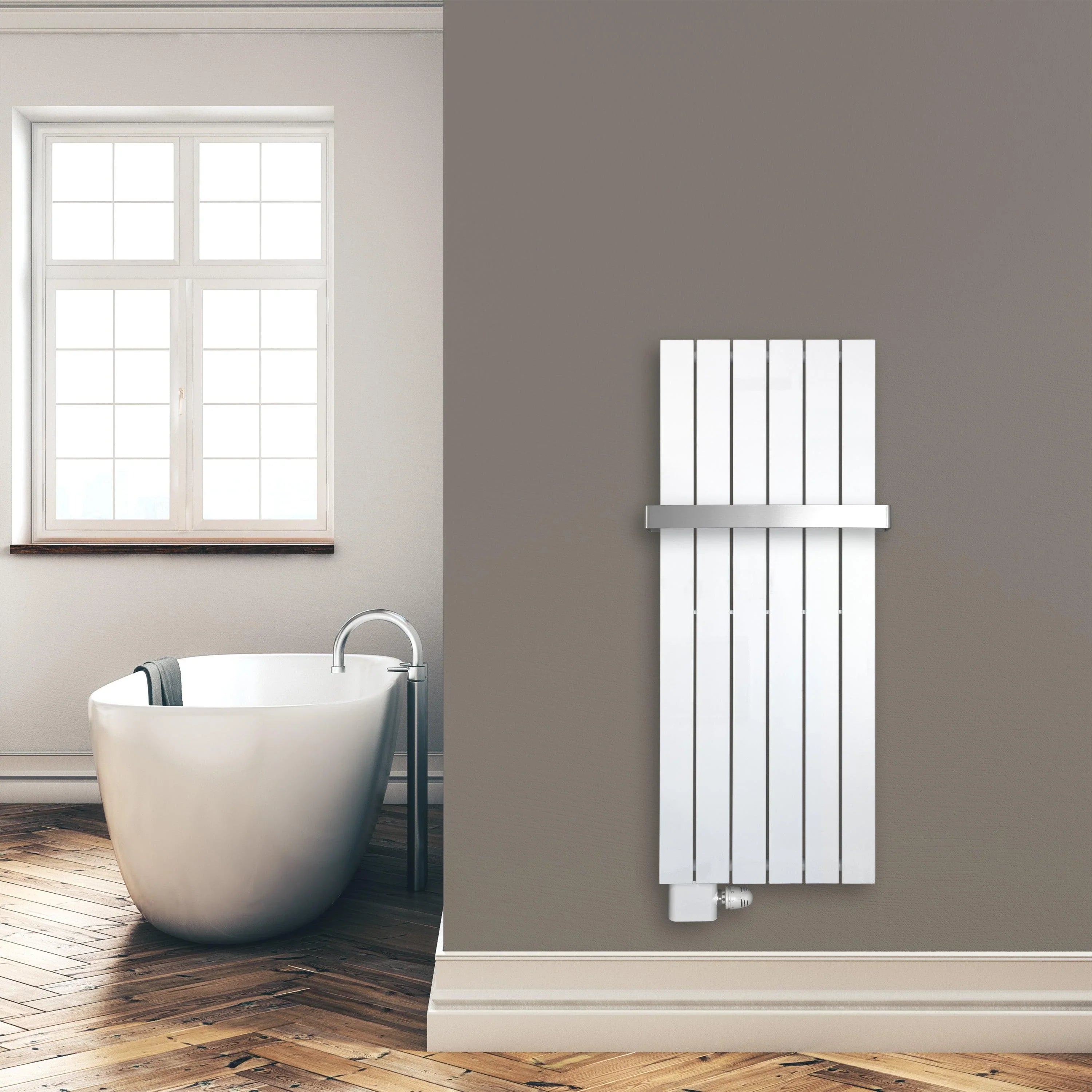 Design Paneelheizkörper 1200 x 450 mm Handtuchstange Bad Flachheizkörper Anschluss links versetztem Mittelanschluss flach Montagebeispiel - heizkoerper.shop