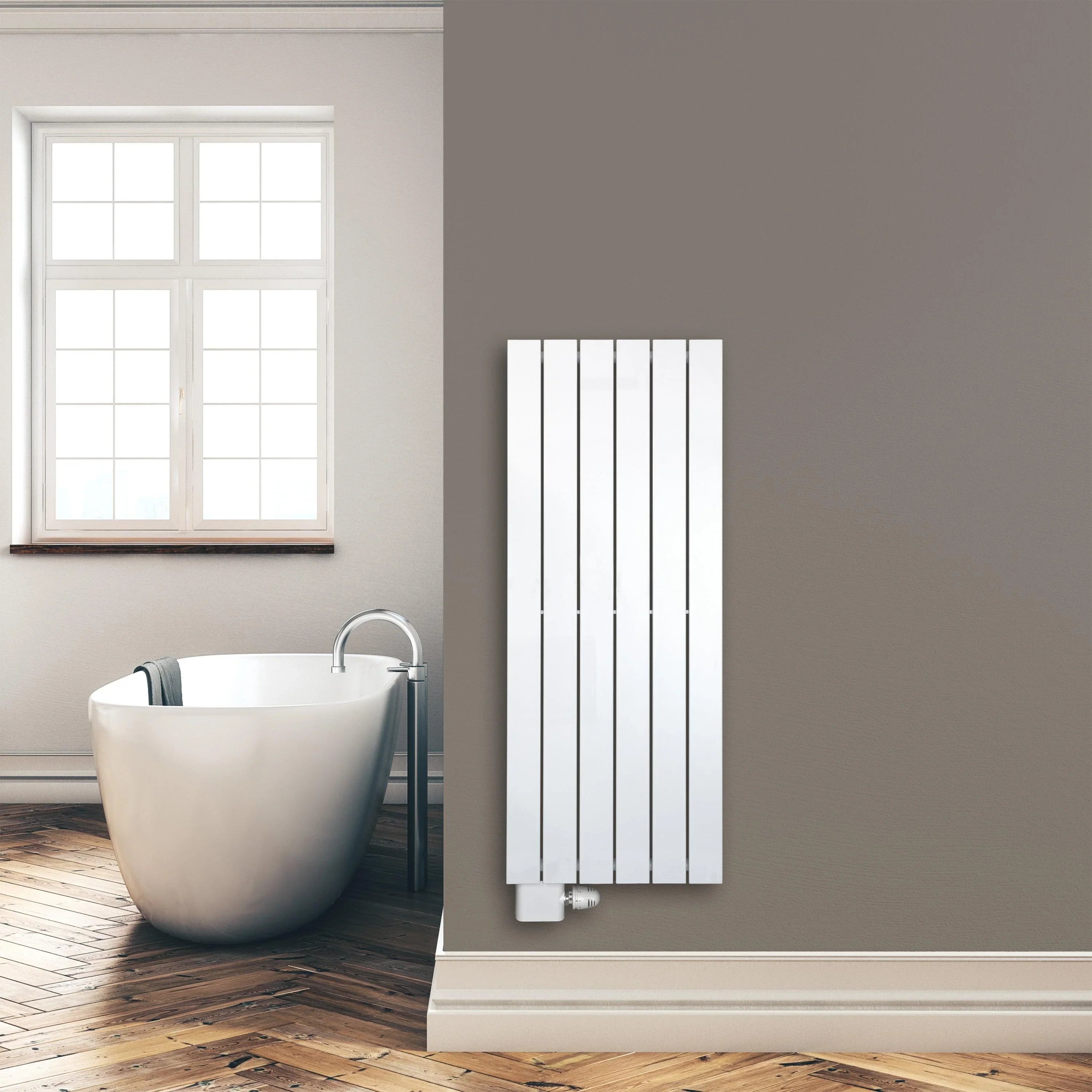 Design Paneelheizkörper 1200 x 450 mm Bad Flachheizkörper mit Anschluss links | mit versetztem Mittelanschluss - heizkoerper.shop