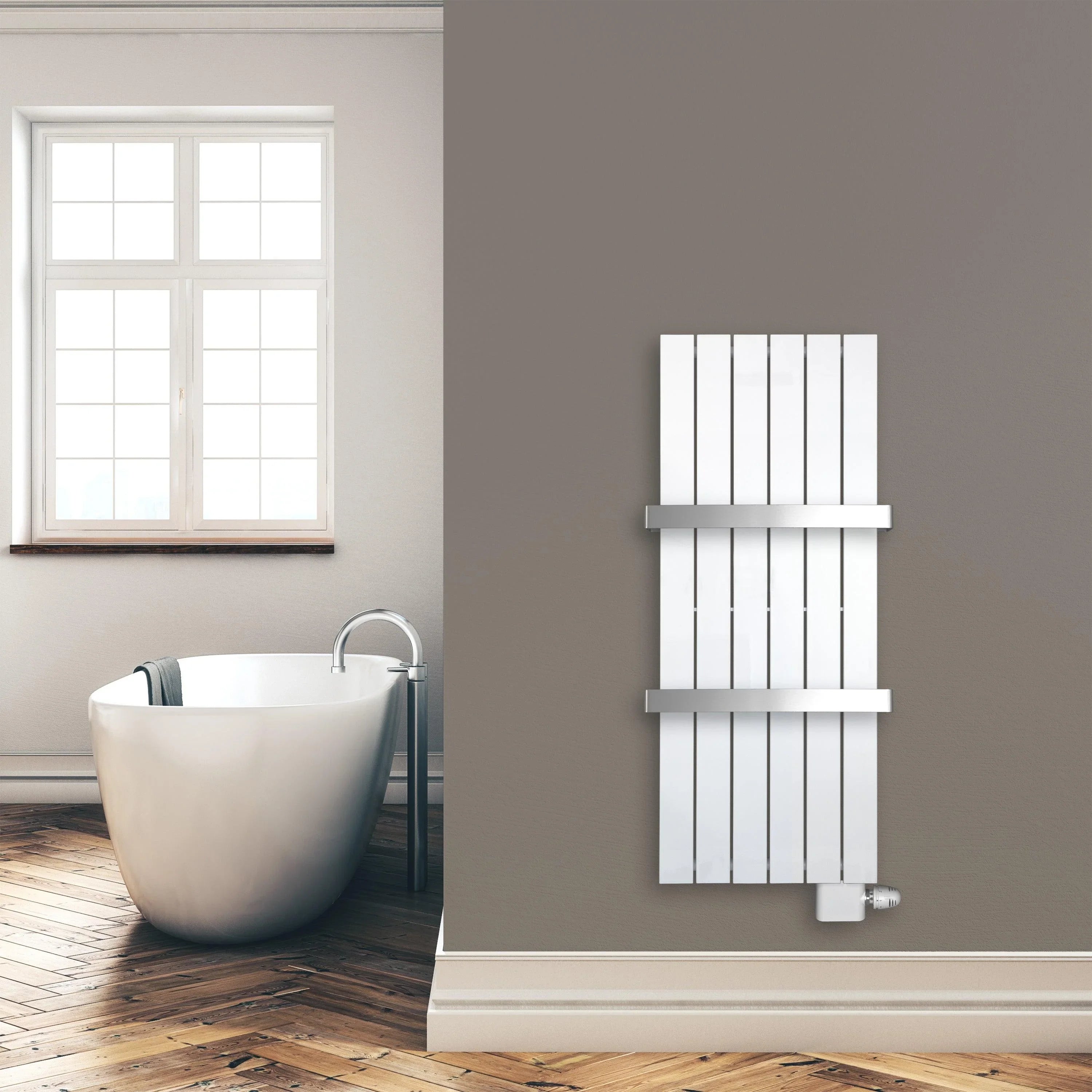 Design Paneelheizkörper 1200 x 450 mm 2 Handtuchstangen Bad Flachheizkörper Anschluss rechts versetztem Mittelanschluss flach Montagebeispiel - heizkoerper.shop