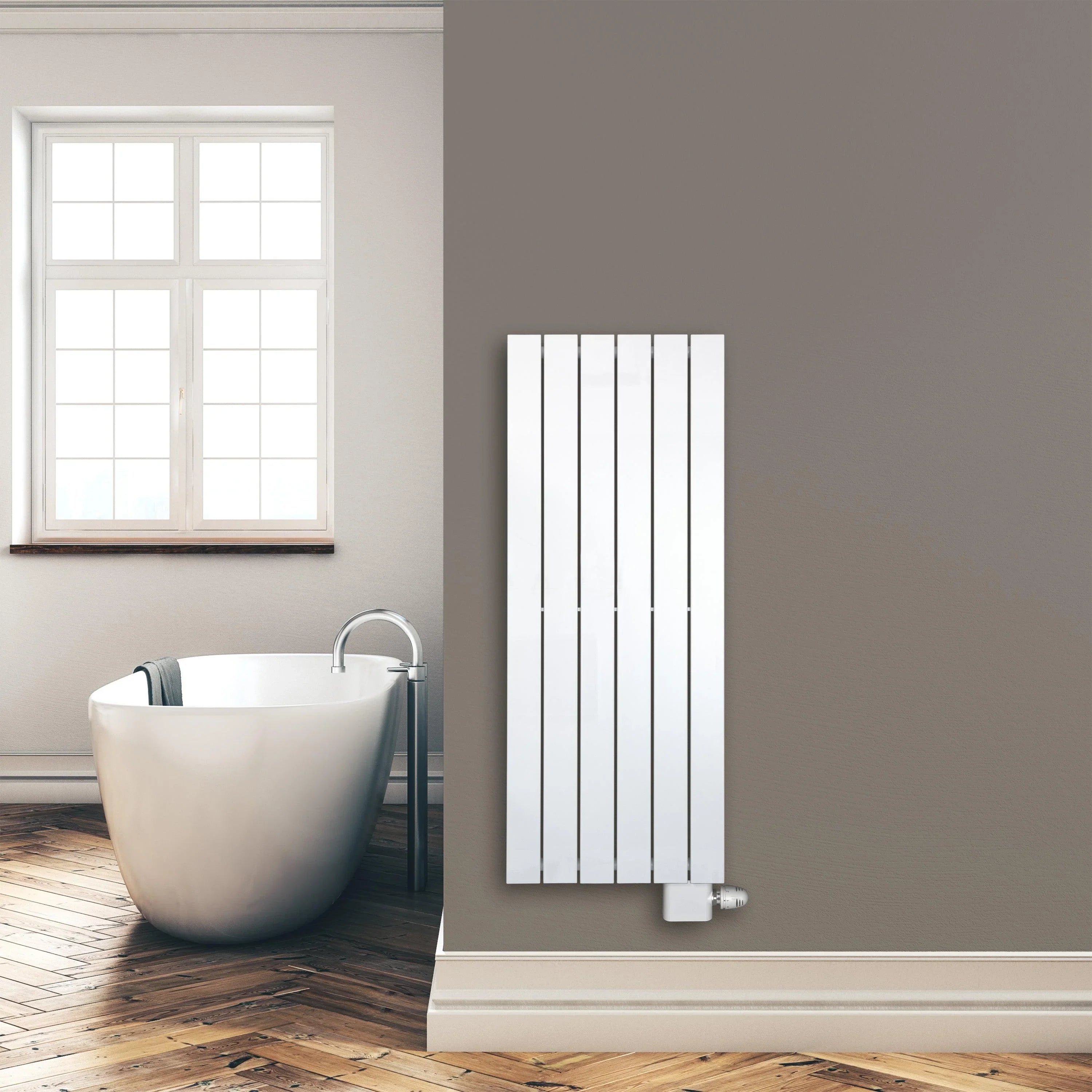 Design Paneelheizkörper 1200 x 450 mm Bad Flachheizkörper mit Anschluss rechts | mit versetztem Mittelanschluss - heizkoerper.shop