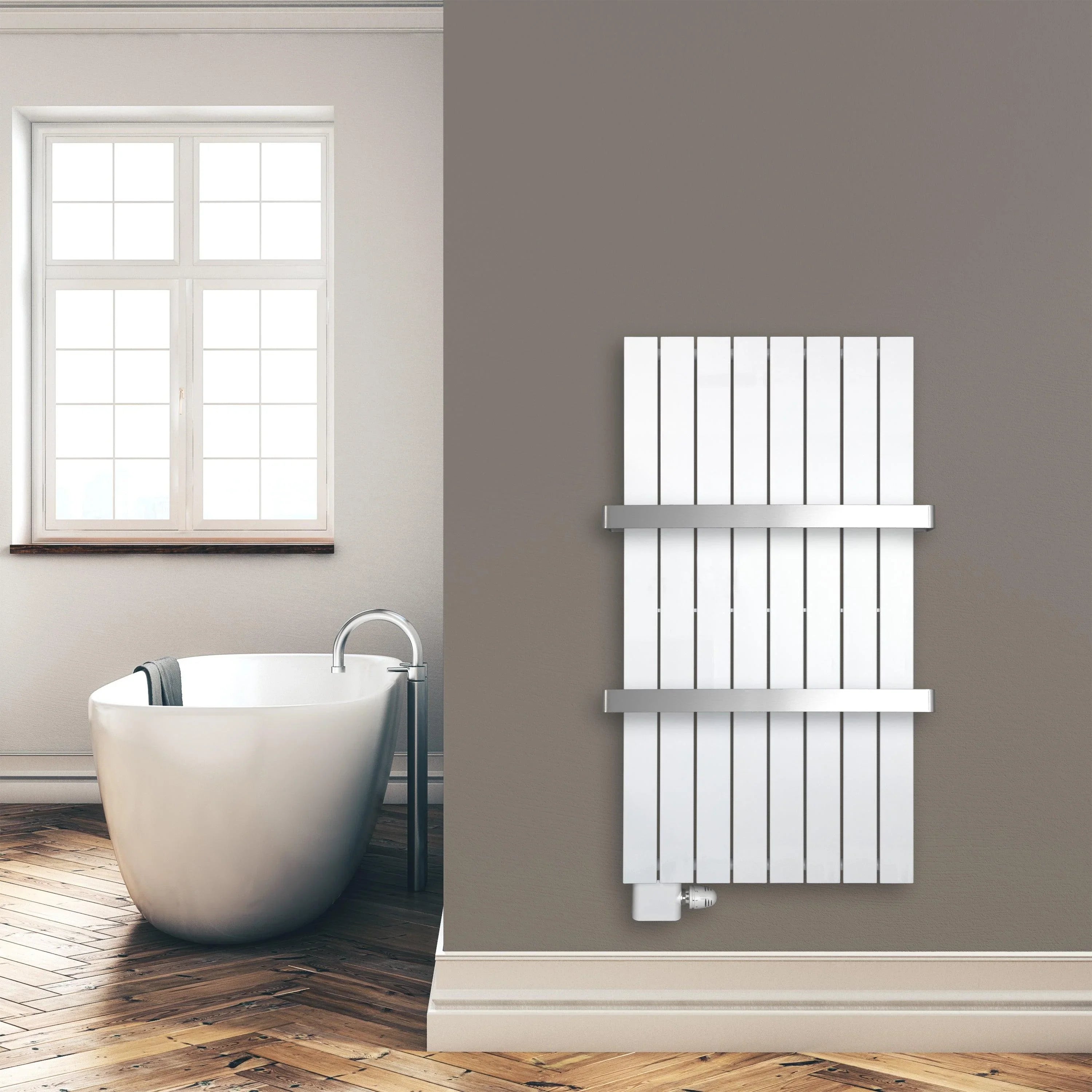 Design Paneelheizkörper 1200 x 602 mm 2 Handtuchstangen Bad Flachheizkörper Anschluss links versetztem Mittelanschluss flach Montagebeispiel - heizkoerper.shop