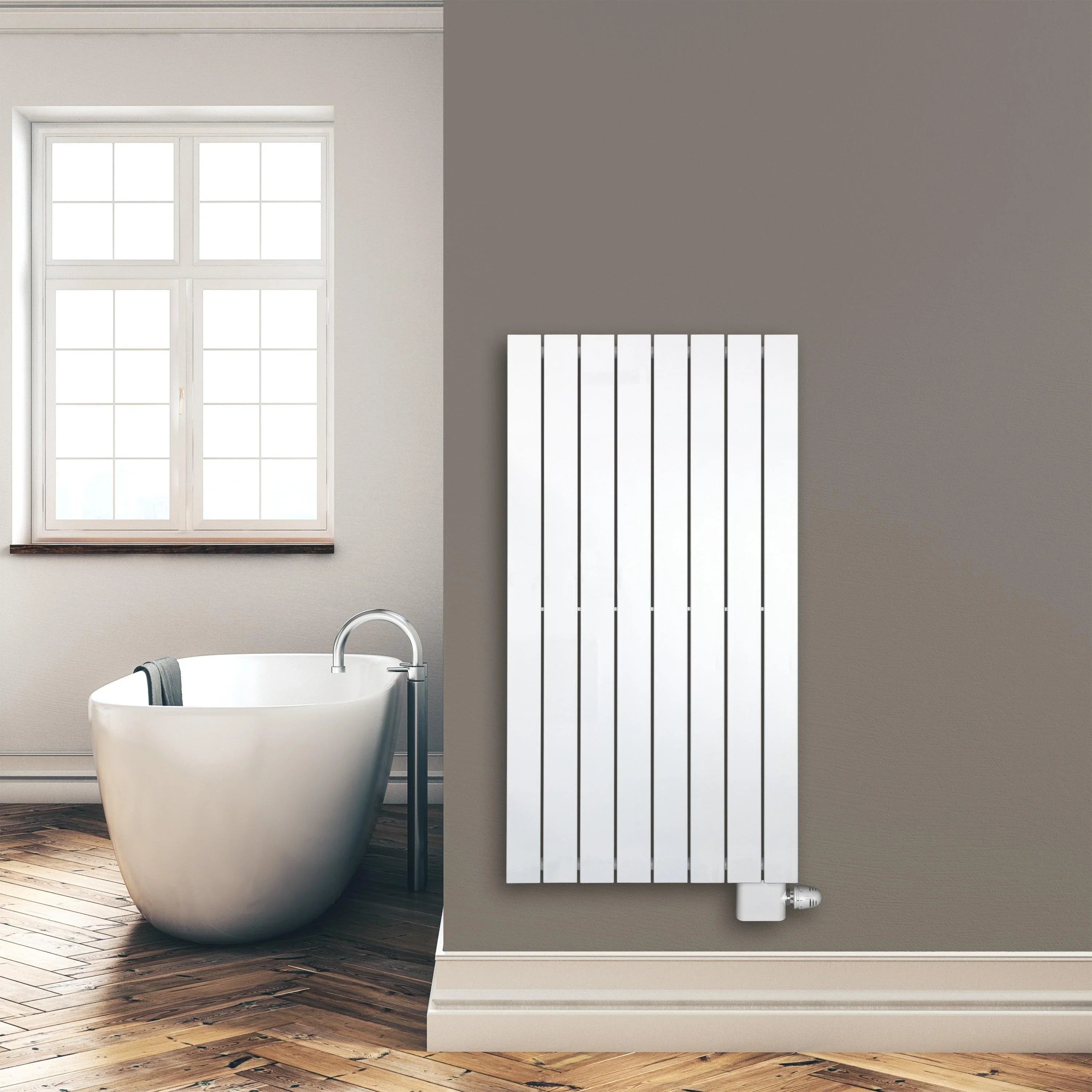 Design Paneelheizkörper 1200 x 602 mm Bad Flachheizkörper mit Anschluss rechts | mit versetztem Mittelanschluss - heizkoerper.shop