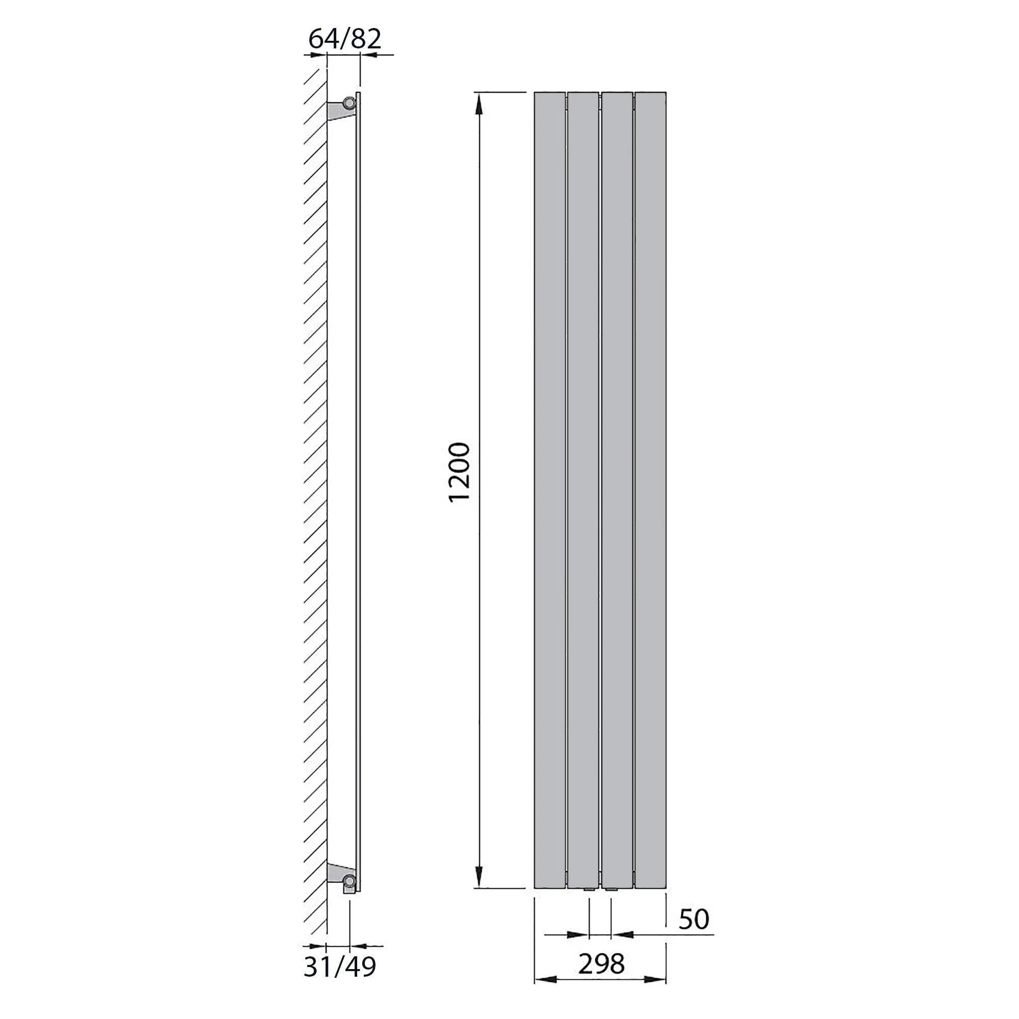 Flachheizkörper mit Mittelanschluss 1200 x 298 anthrazit Heizkörper Badheizkörper flach Badezimmer Heizung technische Zeichnung - heizkoerper.shop