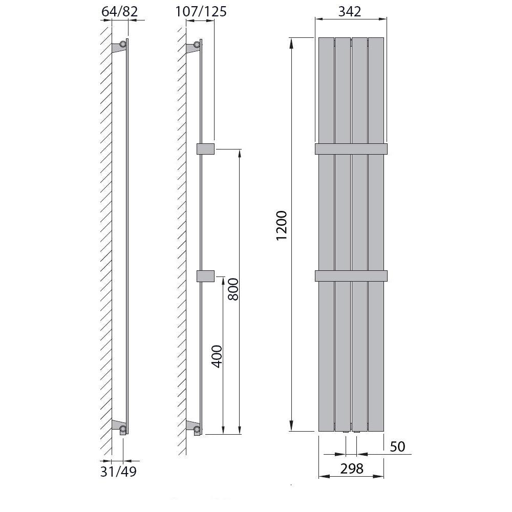 Flachheizkörper mit Mittelanschluss 1200 x 298 mit Handtuchstange weiß Heizkörper Badheizkörper flach Badezimmer Heizung technische Zeichnung - heizkoerper.shop