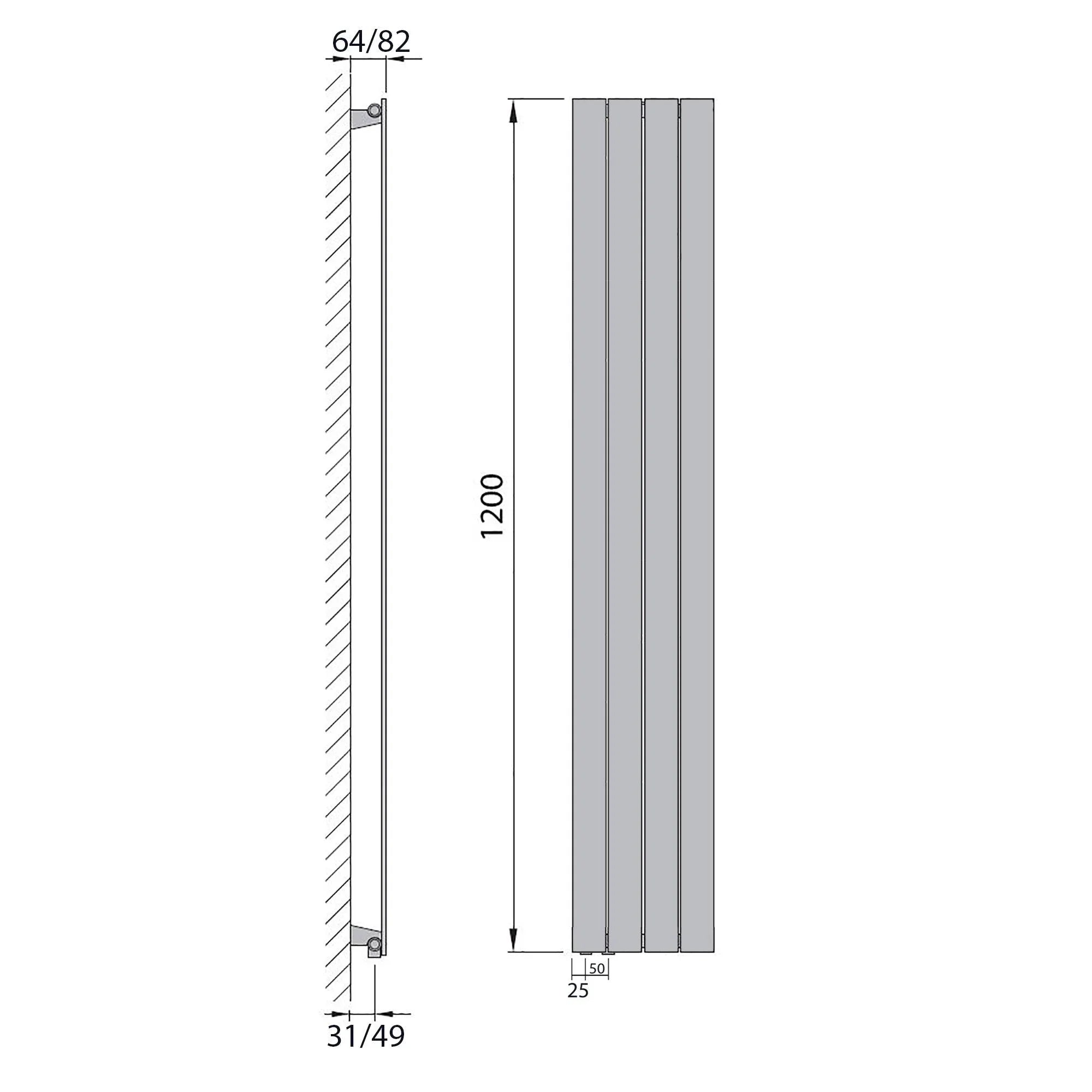 Design Paneelheizkörper Bad Flachheizkörper 1200 x 298 mit Anschluss links | mit versetztem Mittelanschluss flach technische Zeichnung - heizkoerper.shop