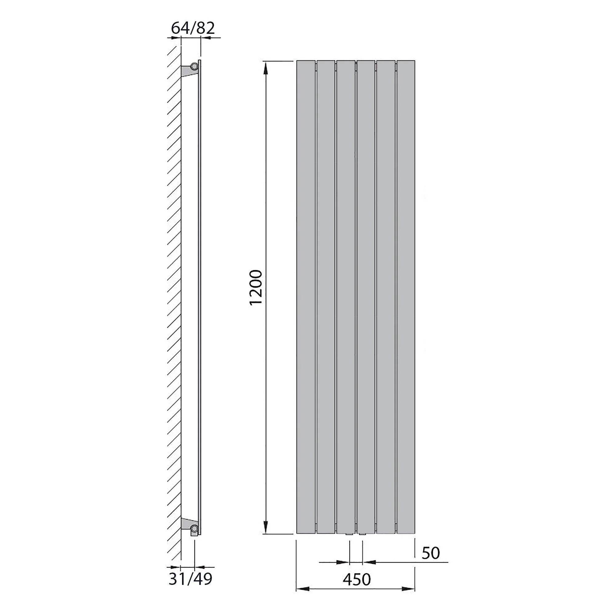 Flachheizkörper mit Mittelanschluss 1200 x 450 anthrazit Heizkörper Badheizkörper flach Badezimmer Heizung technische Zeichnung - heizkoerper.shop