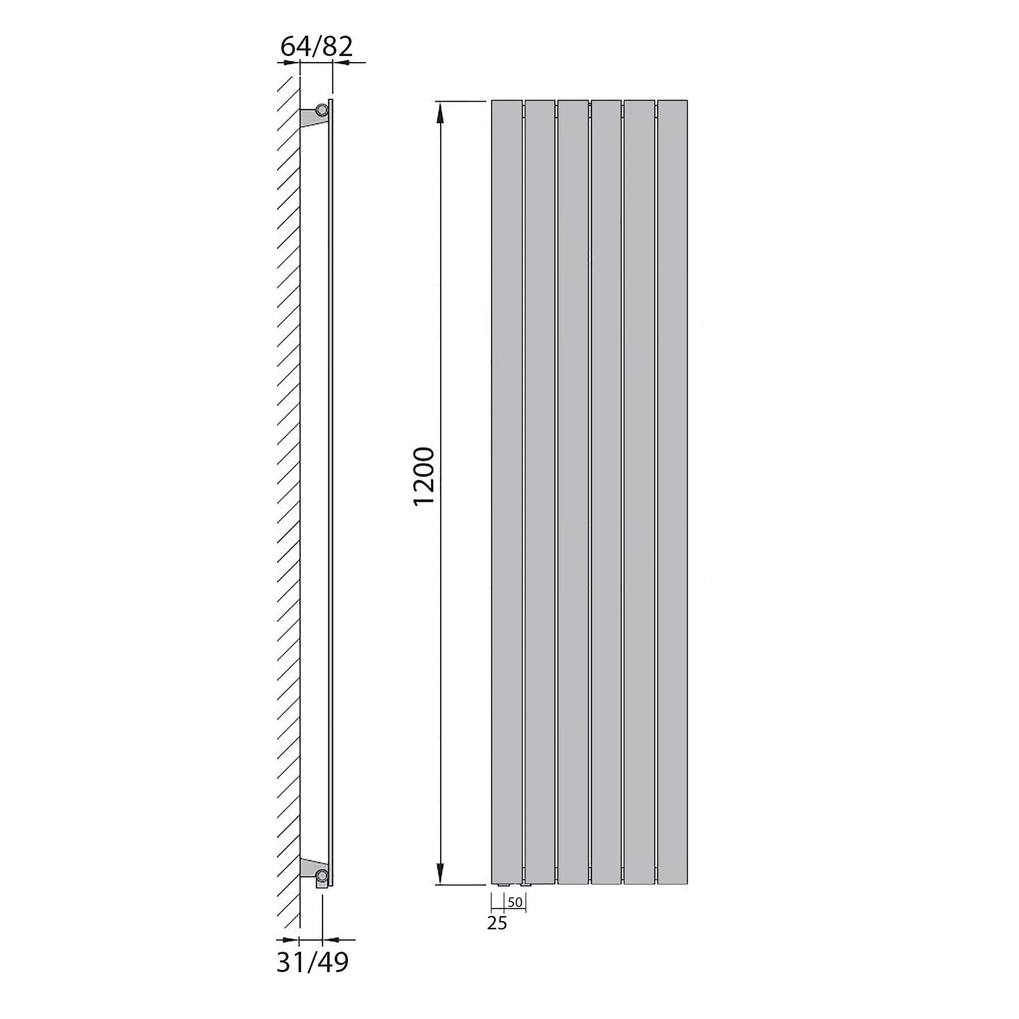 Design Paneelheizkörper Bad Flachheizkörper 1200 x 450 mit Anschluss links | mit versetztem Mittelanschluss flach technische Zeichnung - heizkoerper.shop