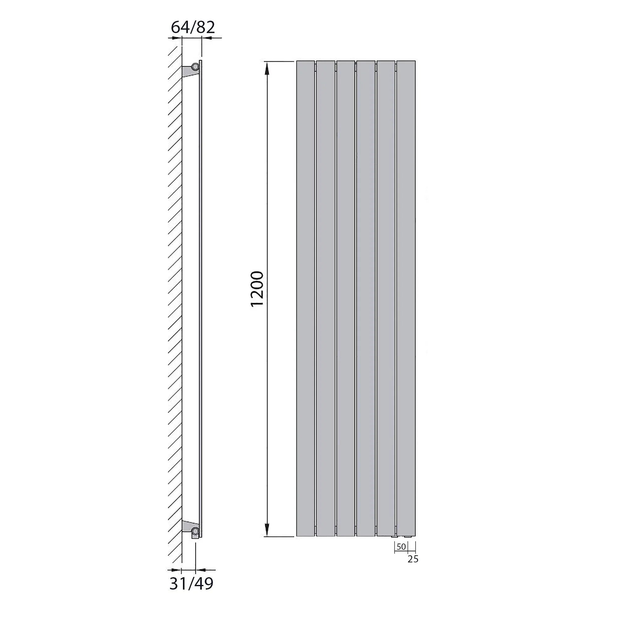 Design Paneelheizkörper Bad Flachheizkörper 1200 x 450 mit Anschluss rechts | mit versetztem Mittelanschluss flach technische Zeichnung - heizkoerper.shop