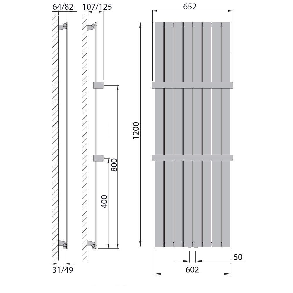 Flachheizkörper mit Mittelanschluss 1200 x 602 mit Handtuchstange weiß Heizkörper Badheizkörper flach Badezimmer Heizung technische Zeichnung - heizkoerper.shop