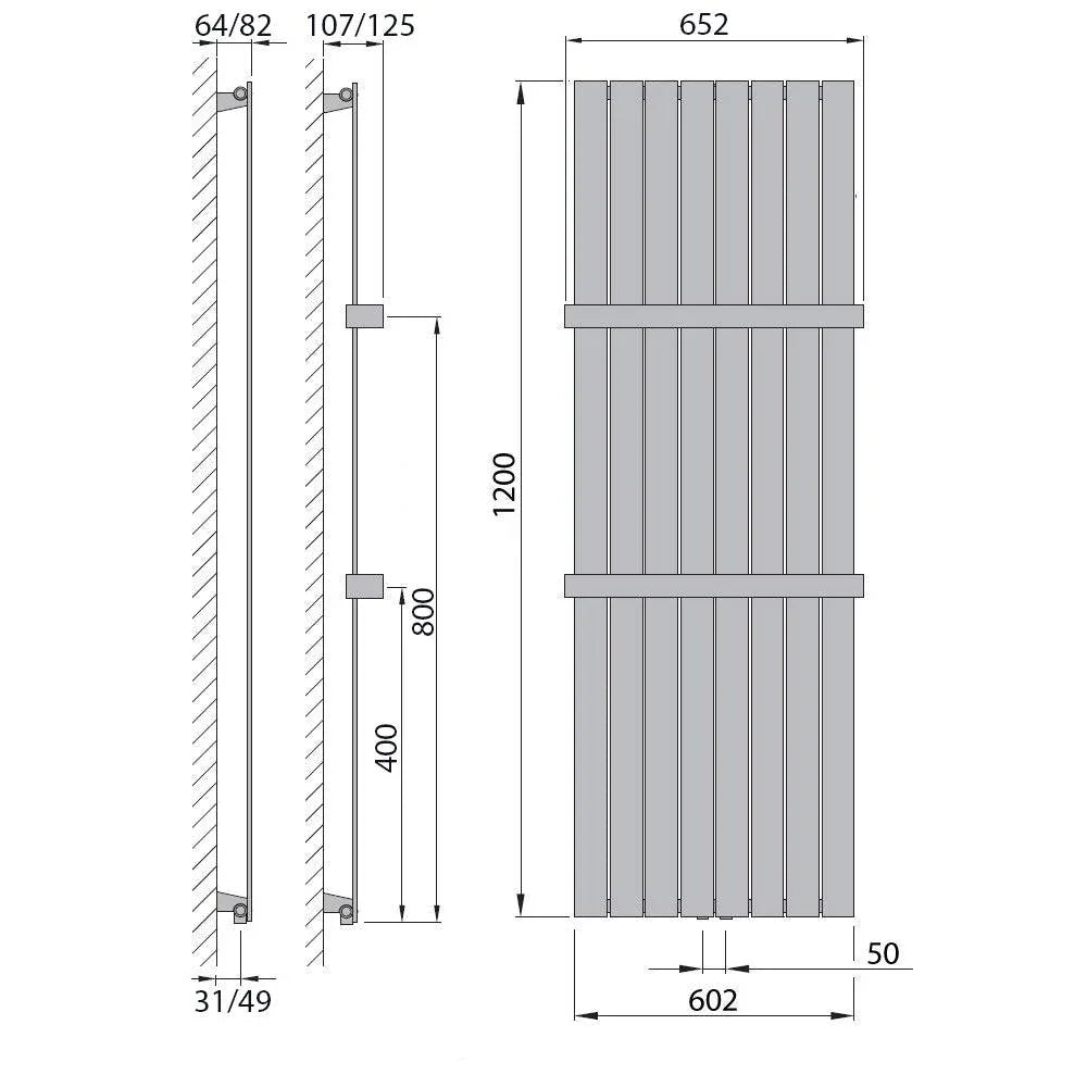 Design Paneelheizkörper vertikal 1200 x 602 mit Handtuchstange anthrazit Heizkörper Badheizkörper flach Badezimmer Heizung technische Zeichnung - heizkoerper.shop