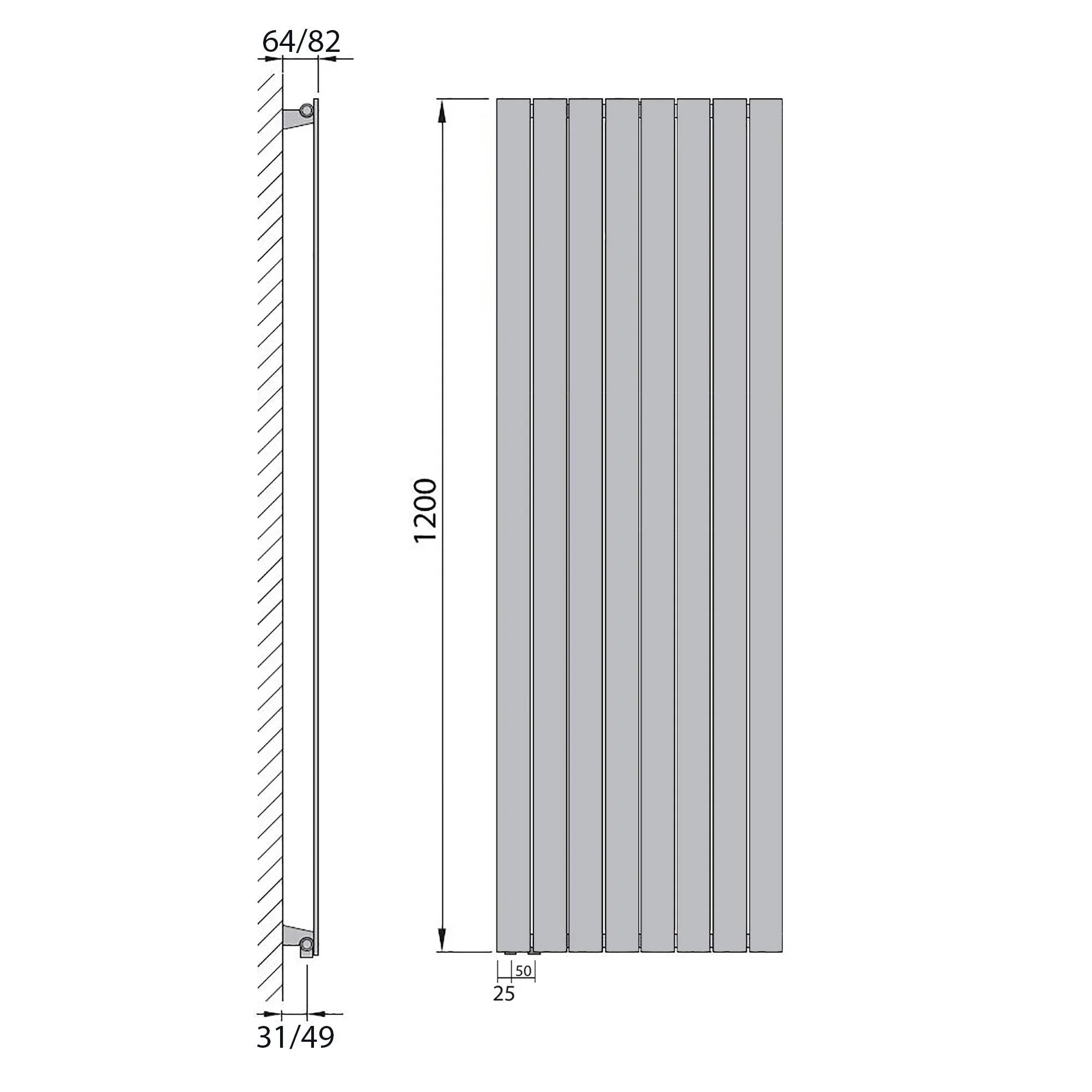 Design Paneelheizkörper Bad Flachheizkörper 1200 x 602 mit Anschluss links | mit versetztem Mittelanschluss flach technische Zeichnung - heizkoerper.shop