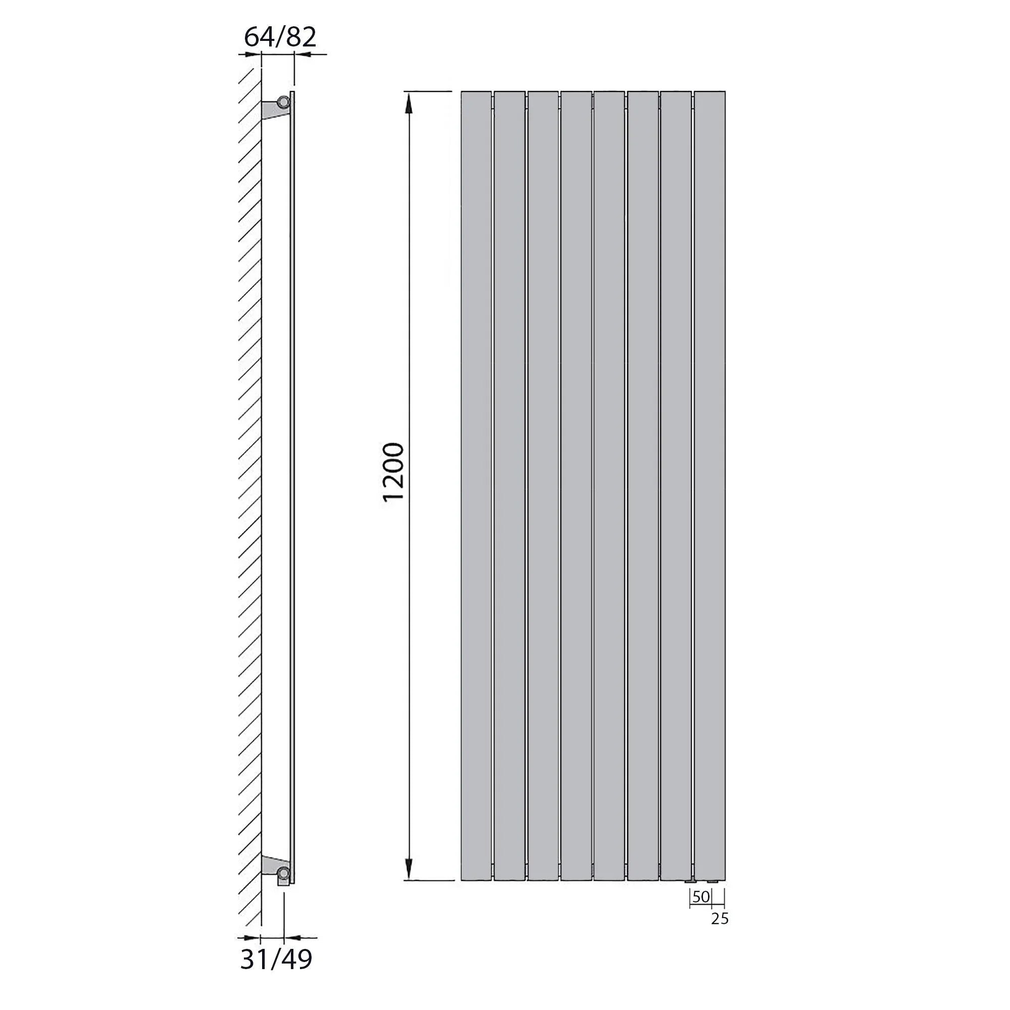 Design Paneelheizkörper Bad Flachheizkörper 1200 x 602 mit Anschluss rechts | mit versetztem Mittelanschluss flach technische Zeichnung - heizkoerper.shop