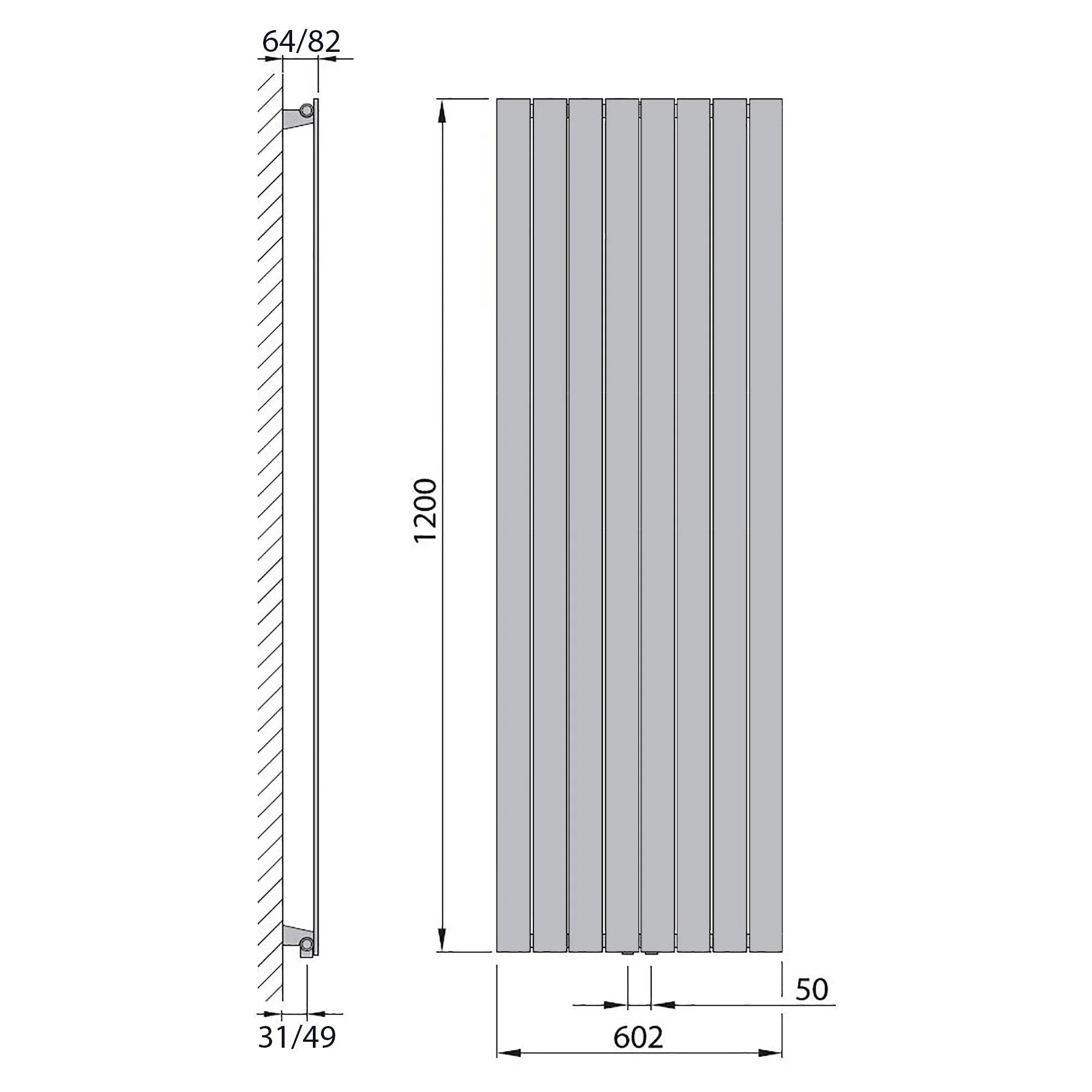 Design Paneelheizkörper vertikal 1200 x 602 anthrazit Heizkörper Badheizkörper flach Badezimmer Heizung technische Zeichnung - heizkoerper.shop