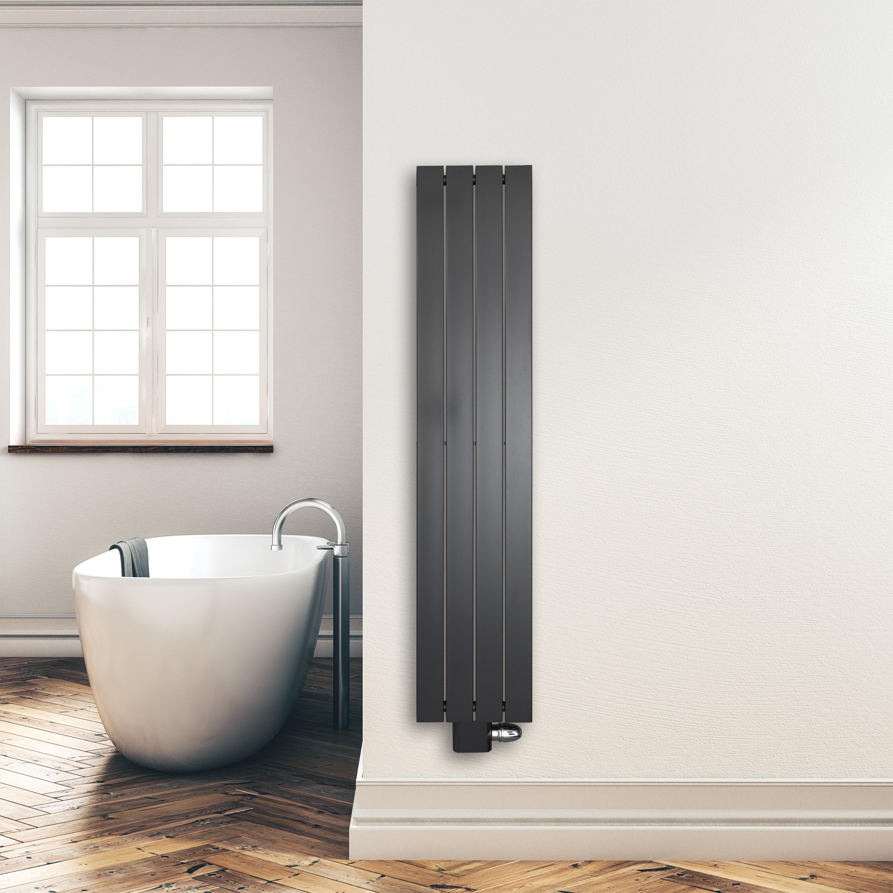 Design Paneelheizkörper 1500 x 298 mm vertikal anthrazit Heizkörper Badheizkörper flach Badezimmer Heizung Montagebeispiel - heizkoerper.shop