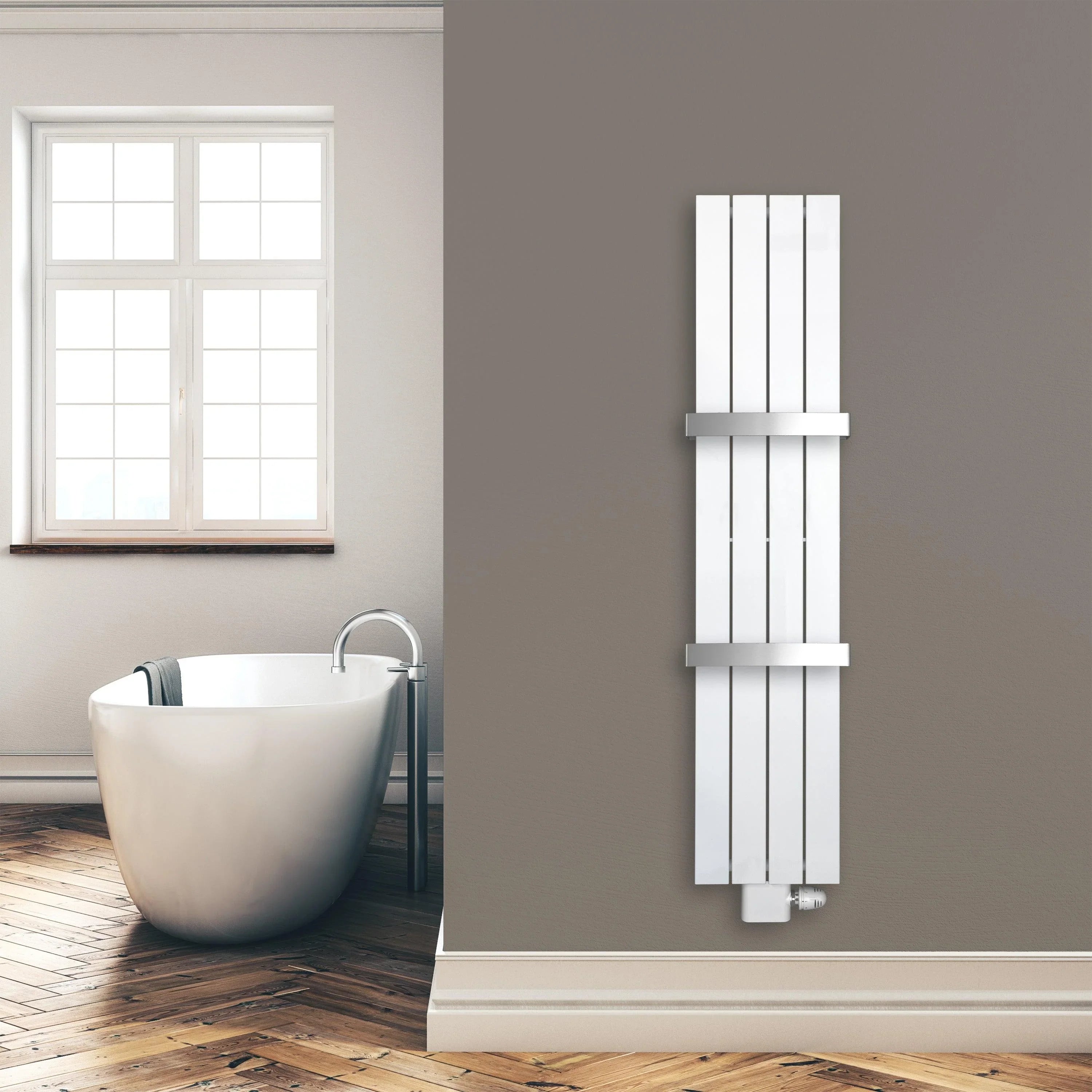 Flachheizkörper 1500 x 298 mm mit Mittelanschluss inklusive 2 Handtuchstangen weiß Heizkörper Badheizkörper flach Badezimmer Heizung Montagebeispiel - heizkoerper.shop