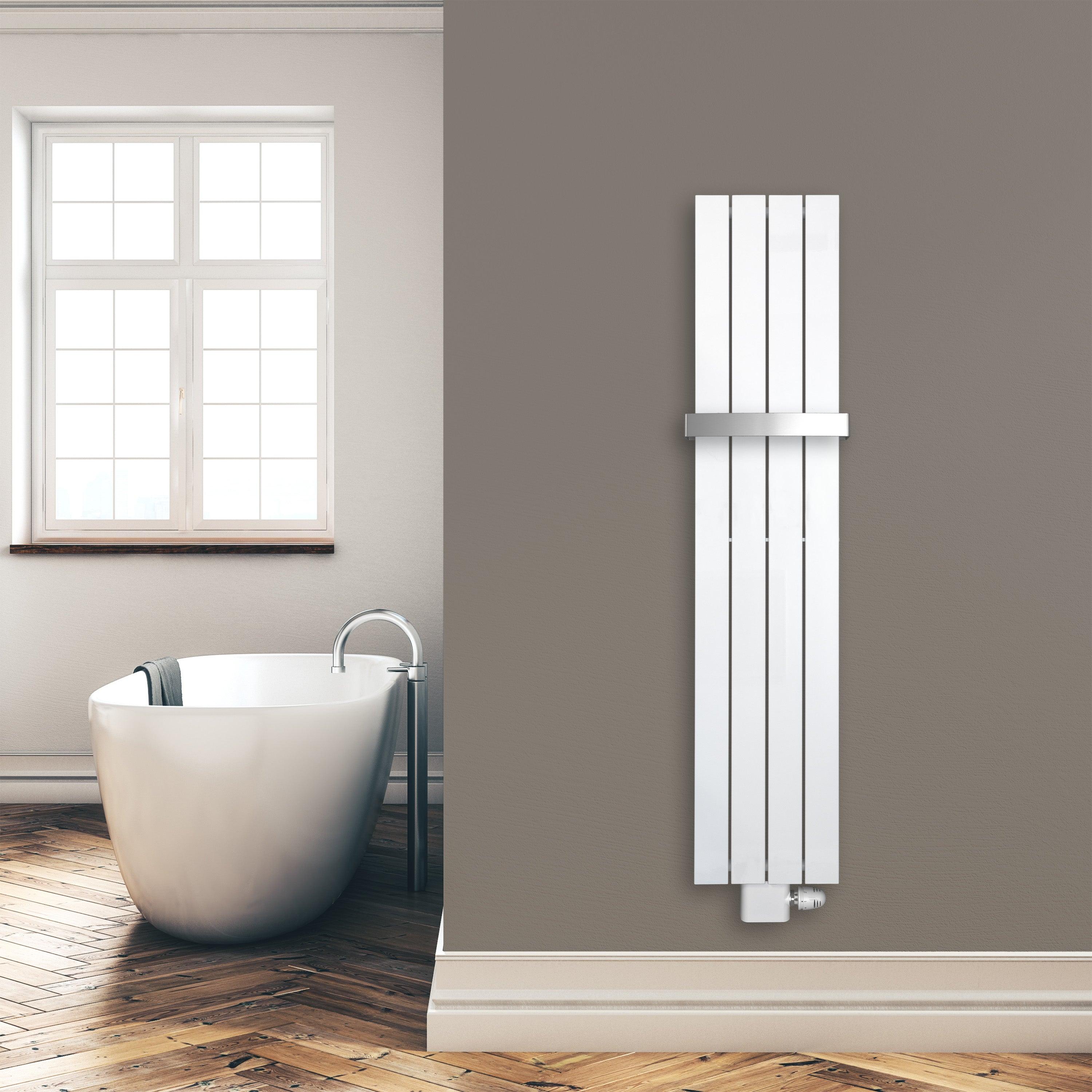 Flachheizkörper 1500 x 298 mm mit Mittelanschluss inklusive Handtuchstange weiß Heizkörper Badheizkörper flach Badezimmer Heizung Montagebeispiel - heizkoerper.shop