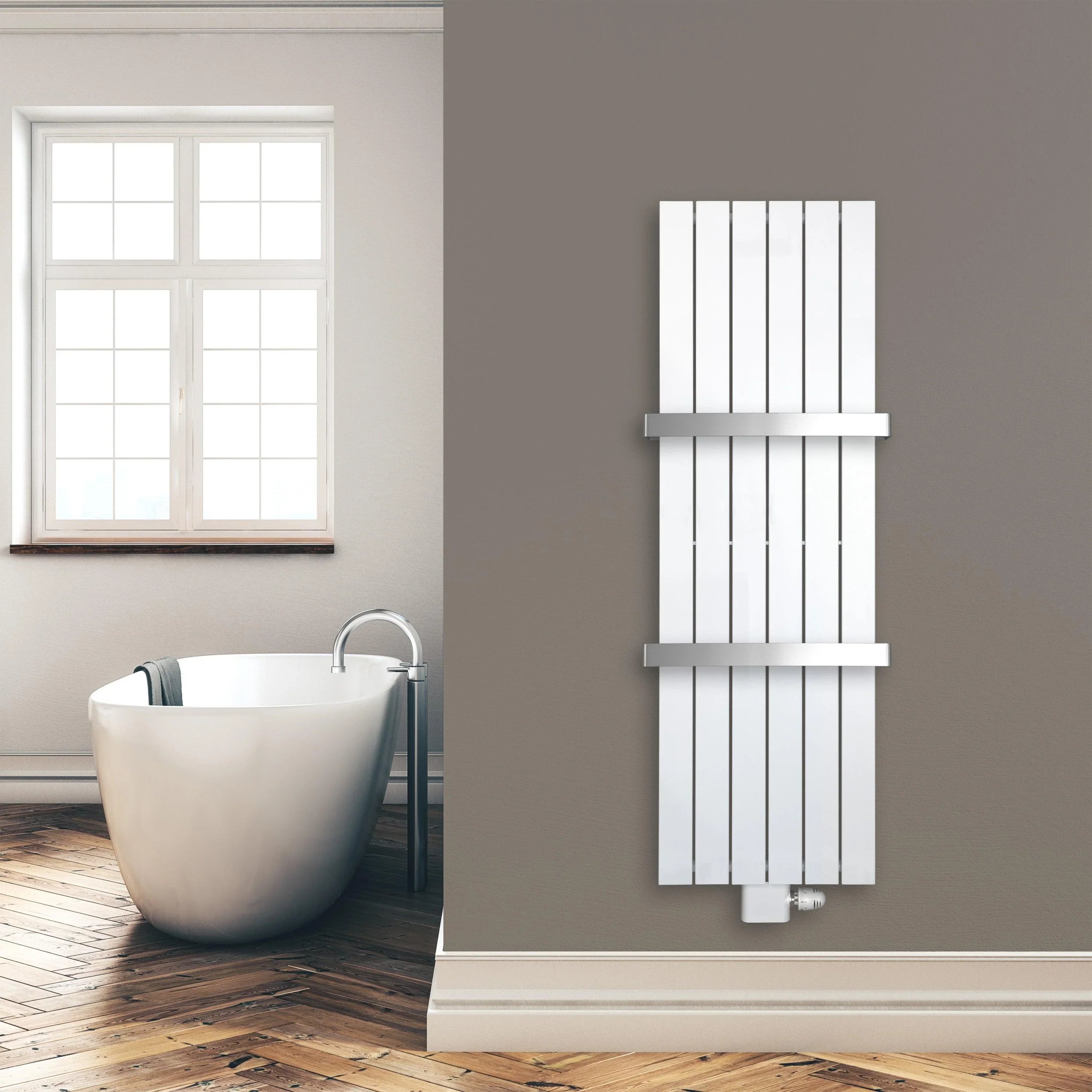 Flachheizkörper 1500 x 450 mm mit Mittelanschluss inklusive 2 Handtuchstangen weiß Heizkörper Badheizkörper flach Badezimmer Heizung Montagebeispiel - heizkoerper.shop
