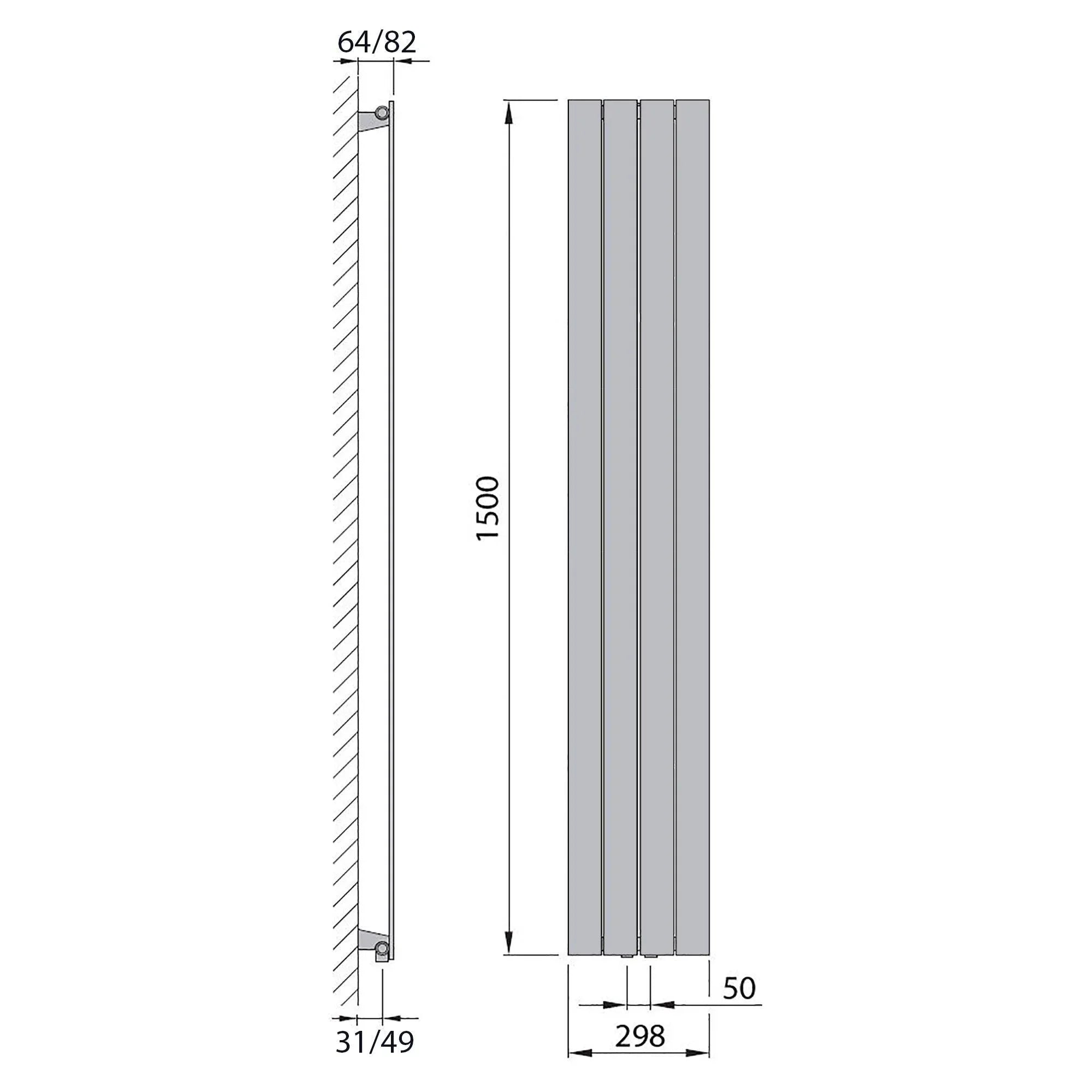Flachheizkörper mit Mittelanschluss 1500 x 298 anthrazit Heizkörper Badheizkörper flach Badezimmer Heizung technische Zeichnung - heizkoerper.shop