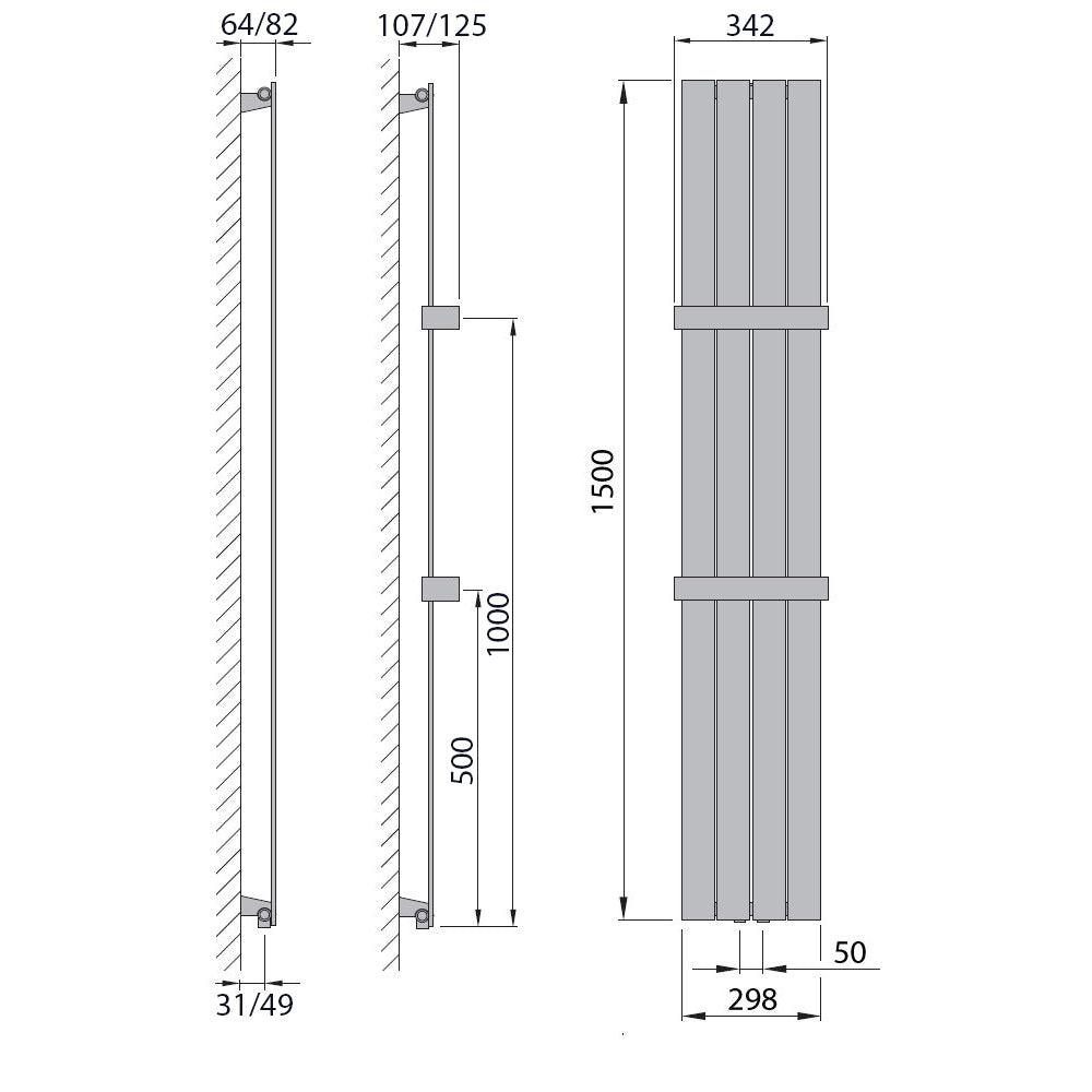 Flachheizkörper mit Mittelanschluss 1500 x 298 mit Handtuchstange weiß Heizkörper Badheizkörper flach Badezimmer Heizung technische Zeichnung - heizkoerper.shop