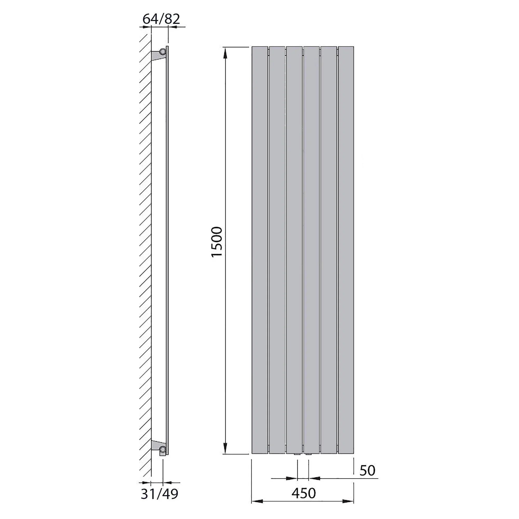 Flachheizkörper mit Mittelanschluss 1500 x 450 anthrazit Heizkörper Badheizkörper flach Badezimmer Heizung technische Zeichnung - heizkoerper.shop