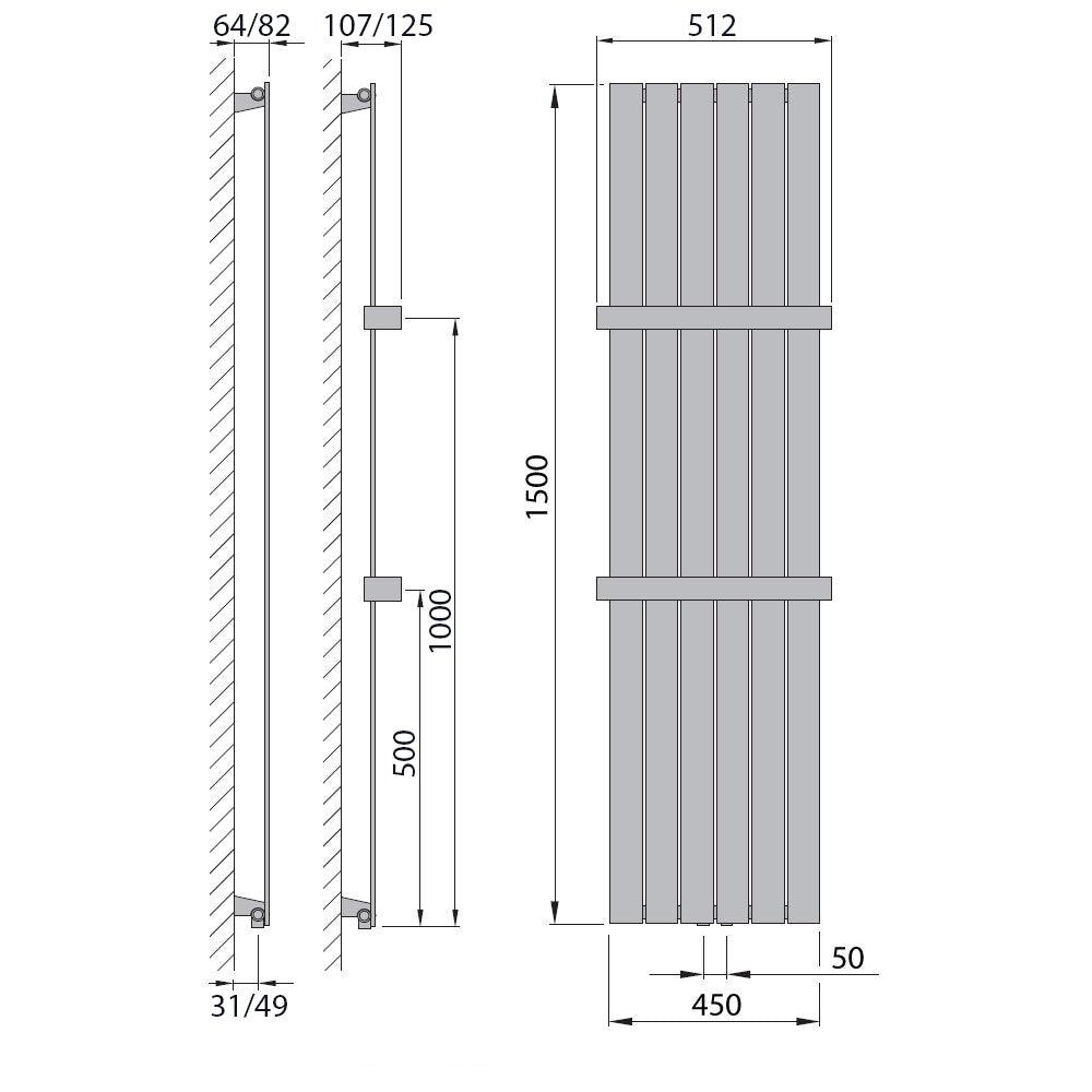 Flachheizkörper mit Mittelanschluss 1500 x 450 mit Handtuchstange weiß Heizkörper Badheizkörper flach Badezimmer Heizung technische Zeichnung - heizkoerper.shop