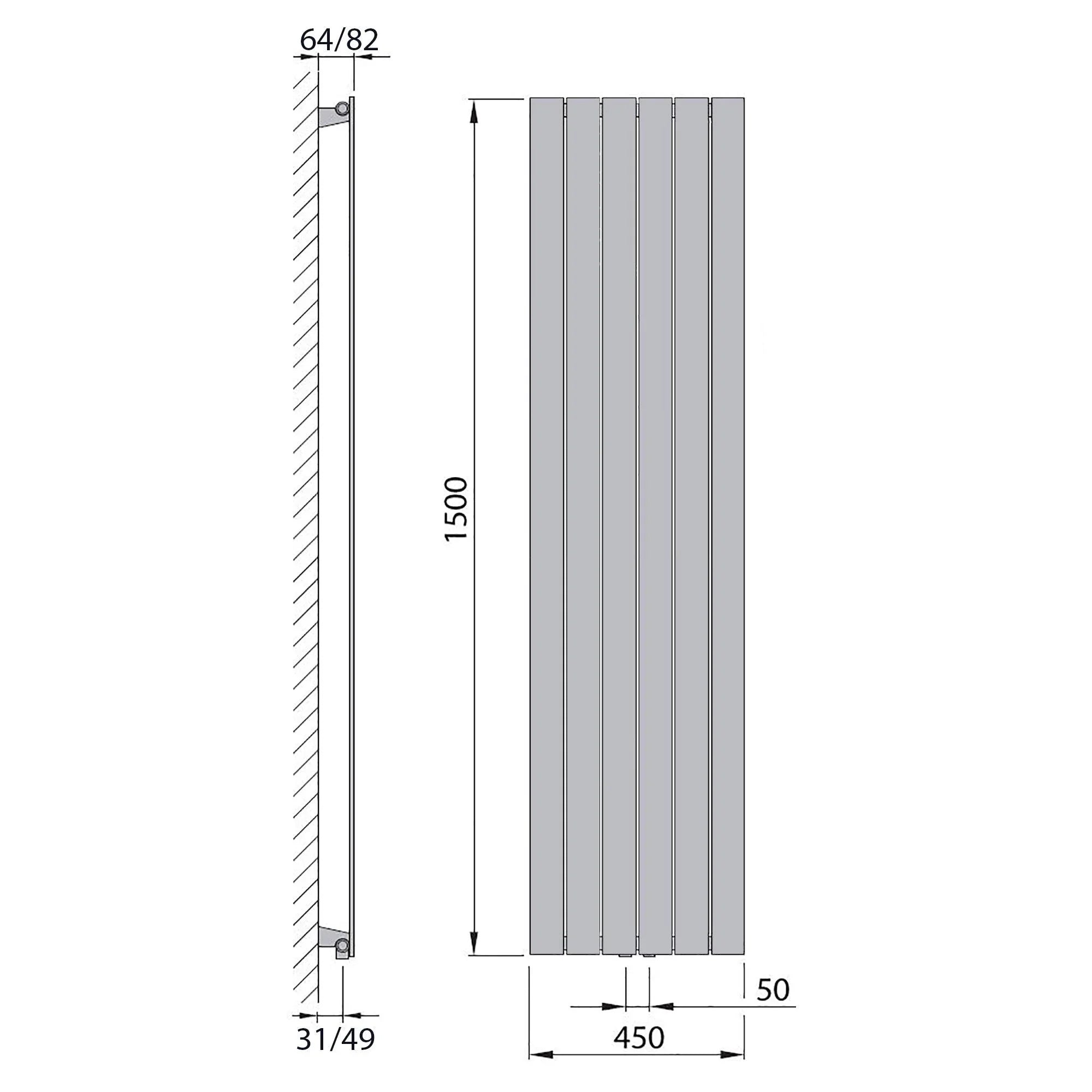 Design Paneelheizkörper vertikal 1500 x 450 anthrazit Heizkörper Badheizkörper flach Badezimmer Heizung technische Zeichnung - heizkoerper.shop