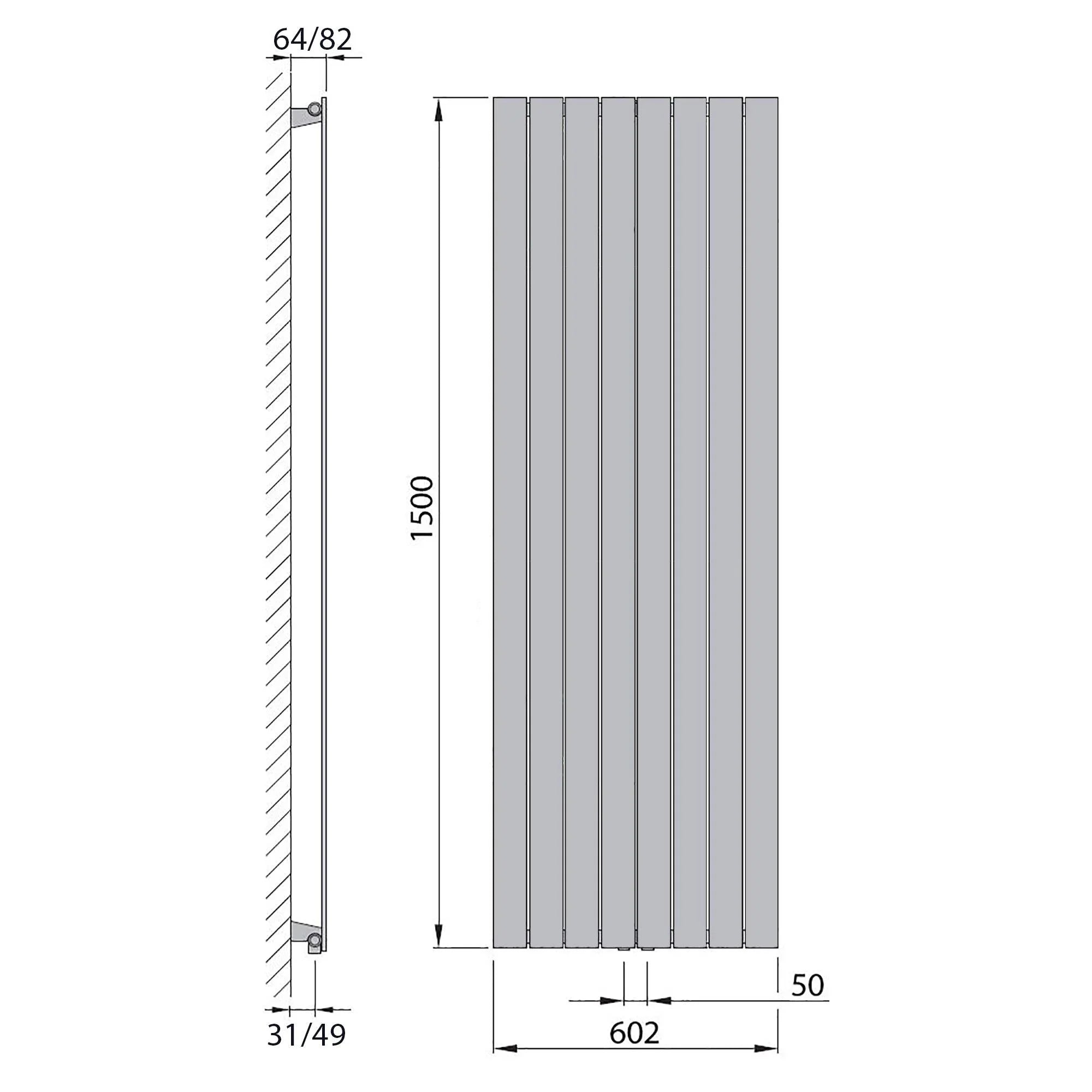 Flachheizkörper mit Mittelanschluss 1500 x 602 anthrazit Heizkörper Badheizkörper flach Badezimmer Heizung technische Zeichnung - heizkoerper.shop