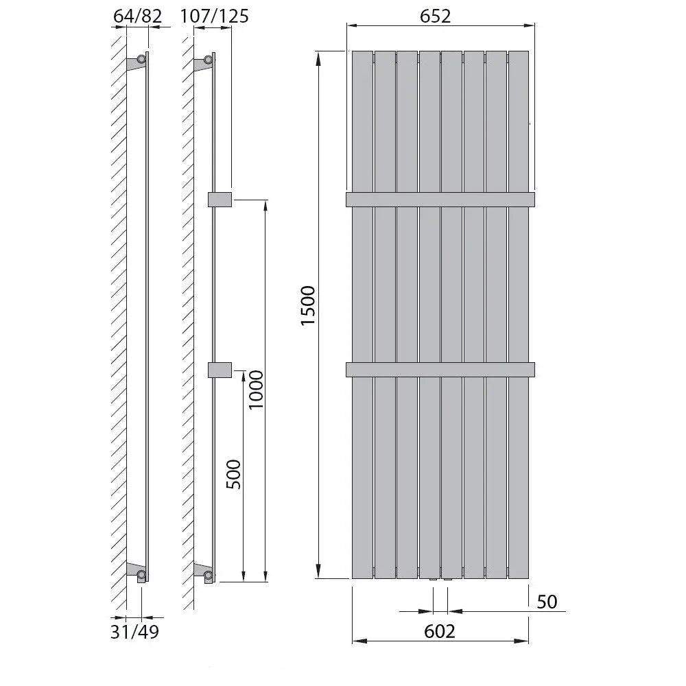 Design Paneelheizkörper vertikal 1500 x 602 mit Handtuchstange anthrazit Heizkörper Badheizkörper flach Badezimmer Heizung technische Zeichnung - heizkoerper.shop