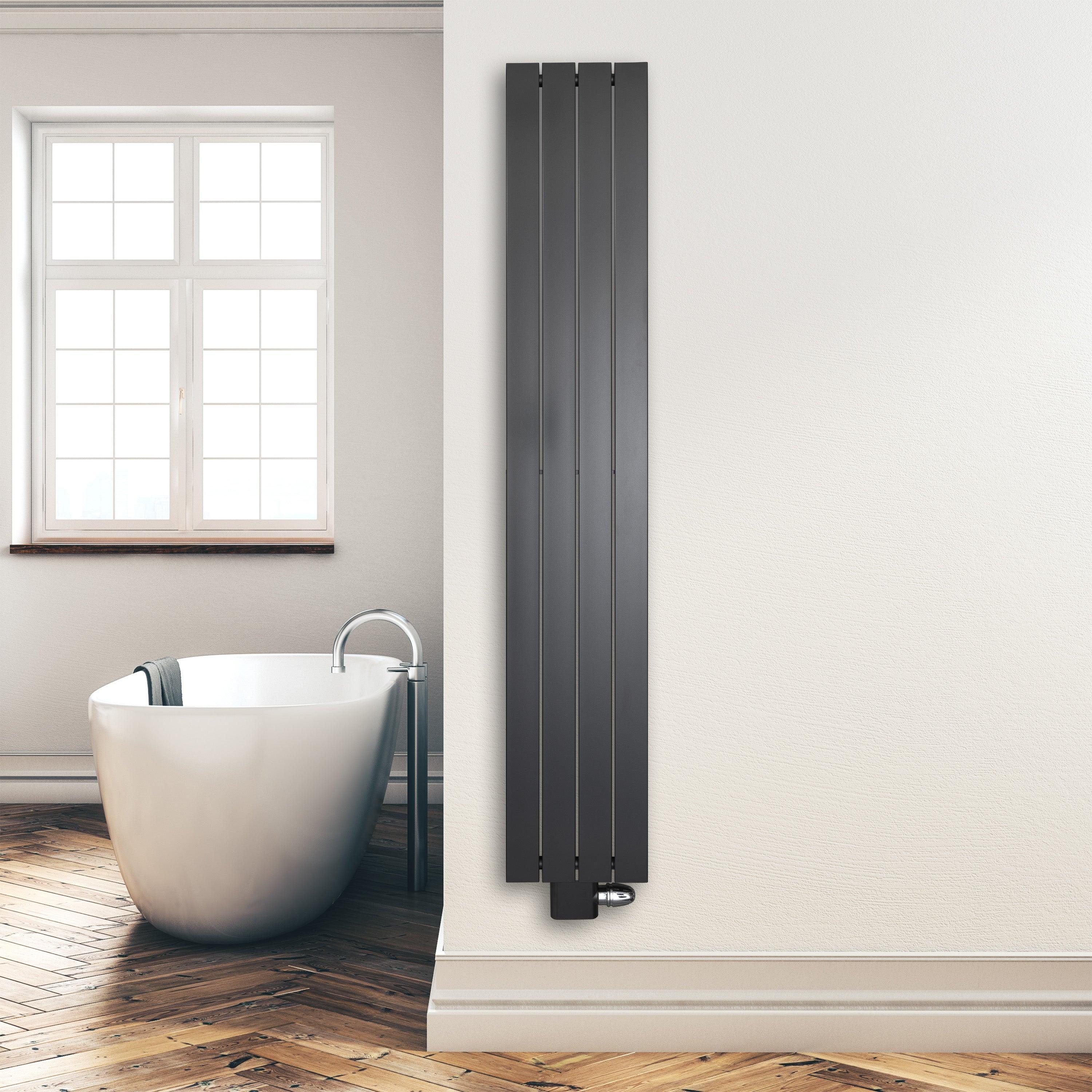 Design Paneelheizkörper 1800 x 298 mm vertikal anthrazit Heizkörper Badheizkörper flach Badezimmer Heizung Montagebeispiel - heizkoerper.shop