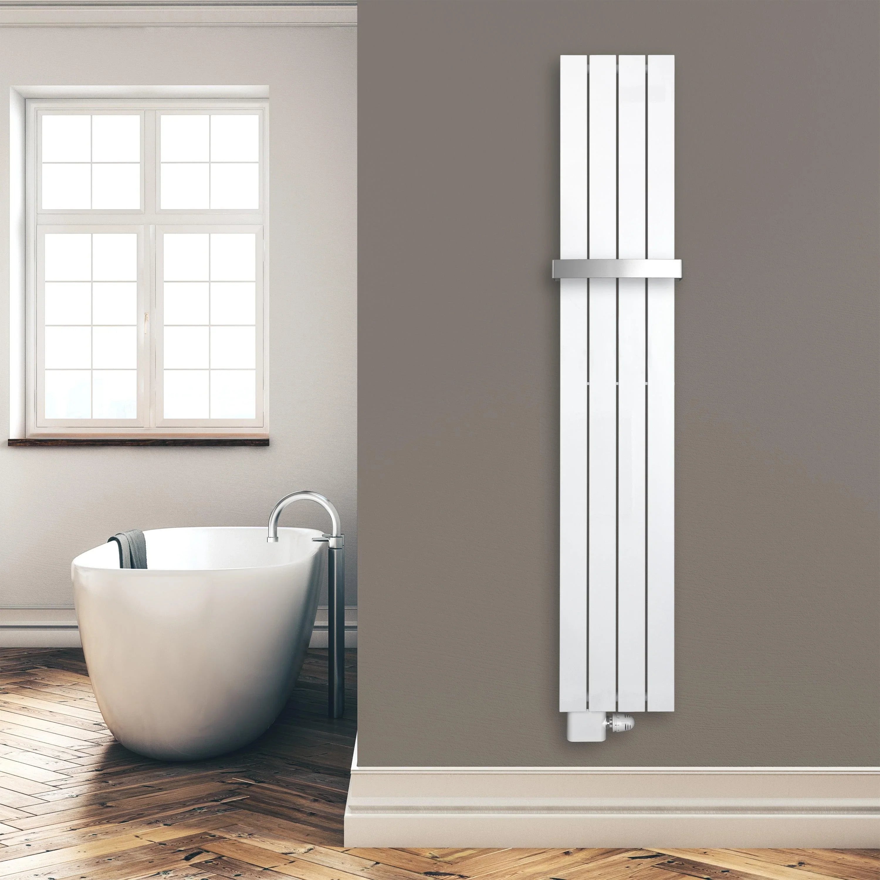 Design Paneelheizkörper 1800 x 298 mm Handtuchstange Bad Flachheizkörper Anschluss links versetztem Mittelanschluss flach Montagebeispiel - heizkoerper.shop