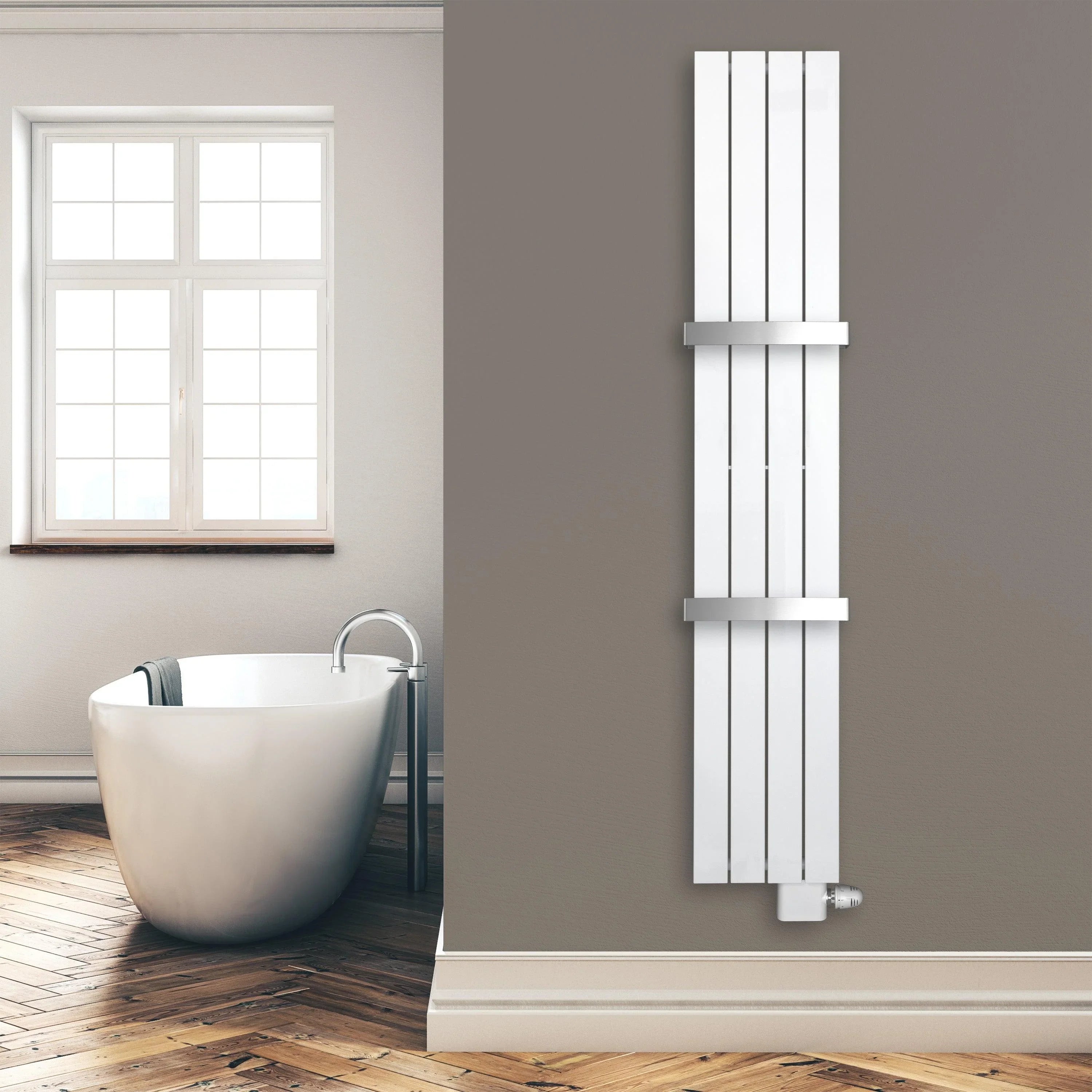Design Paneelheizkörper 1800 x 298 mm 2 Handtuchstangen Bad Flachheizkörper Anschluss rechts versetztem Mittelanschluss flach Montagebeispiel - heizkoerper.shop