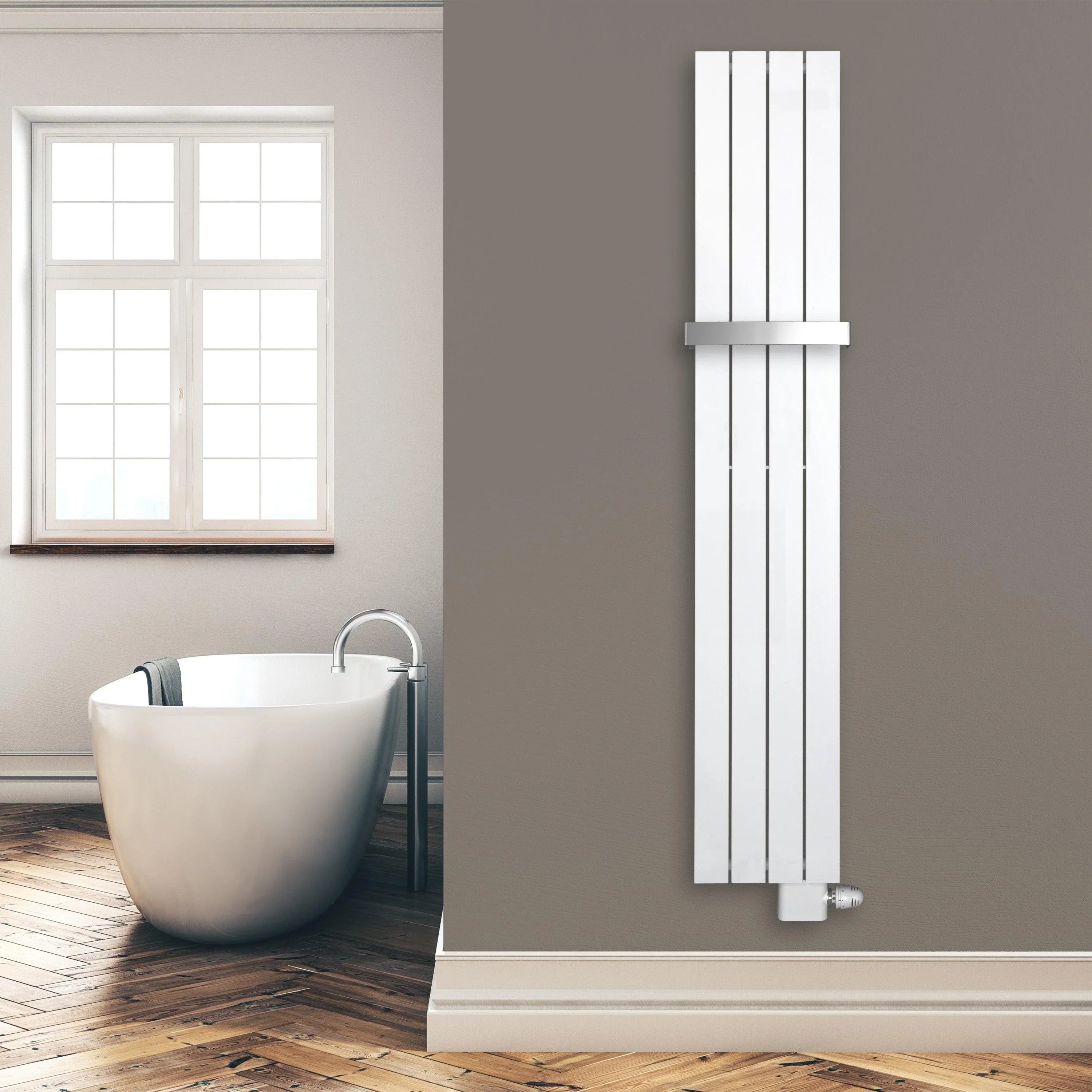Design Paneelheizkörper 1800 x 298 mm Handtuchstange Bad Flachheizkörper Anschluss rechts versetztem Mittelanschluss flach Montagebeispiel - heizkoerper.shop