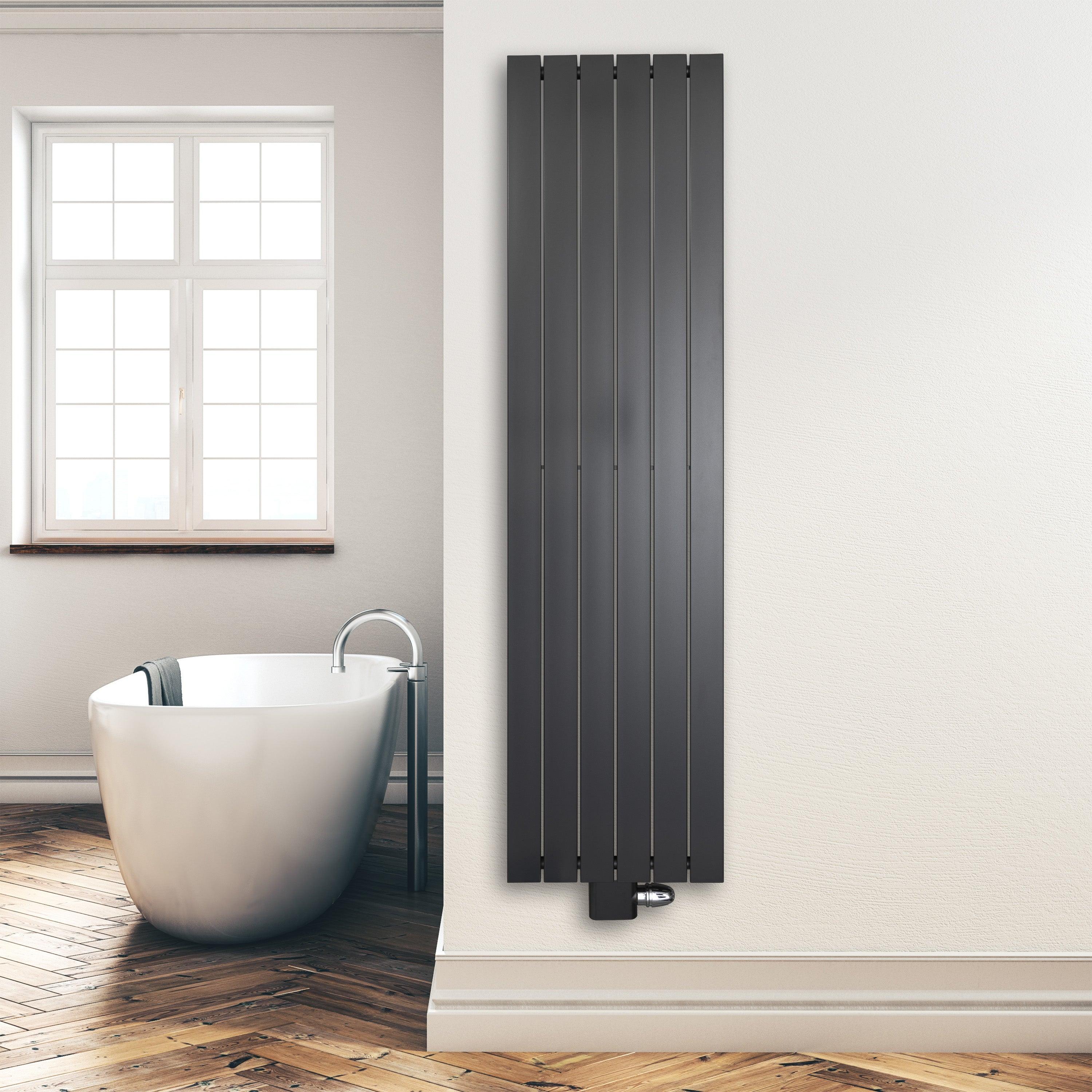 Design Paneelheizkörper 1800 x 450 mm vertikal anthrazit Heizkörper Badheizkörper flach Badezimmer Heizung Montagebeispiel - heizkoerper.shop