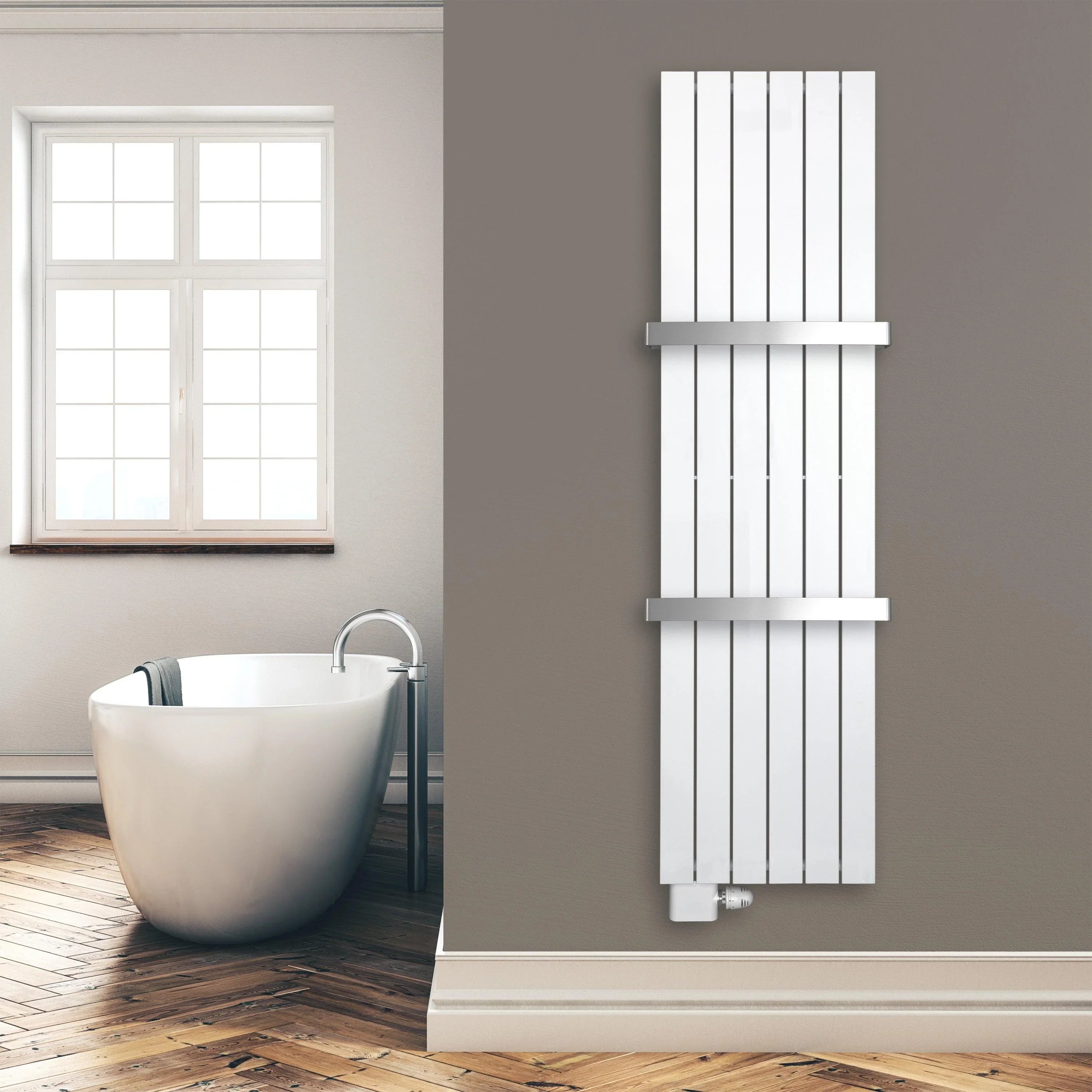 Design Paneelheizkörper 1800 x 450 mm 2 Handtuchstangen Bad Flachheizkörper Anschluss links versetztem Mittelanschluss flach Montagebeispiel - heizkoerper.shop
