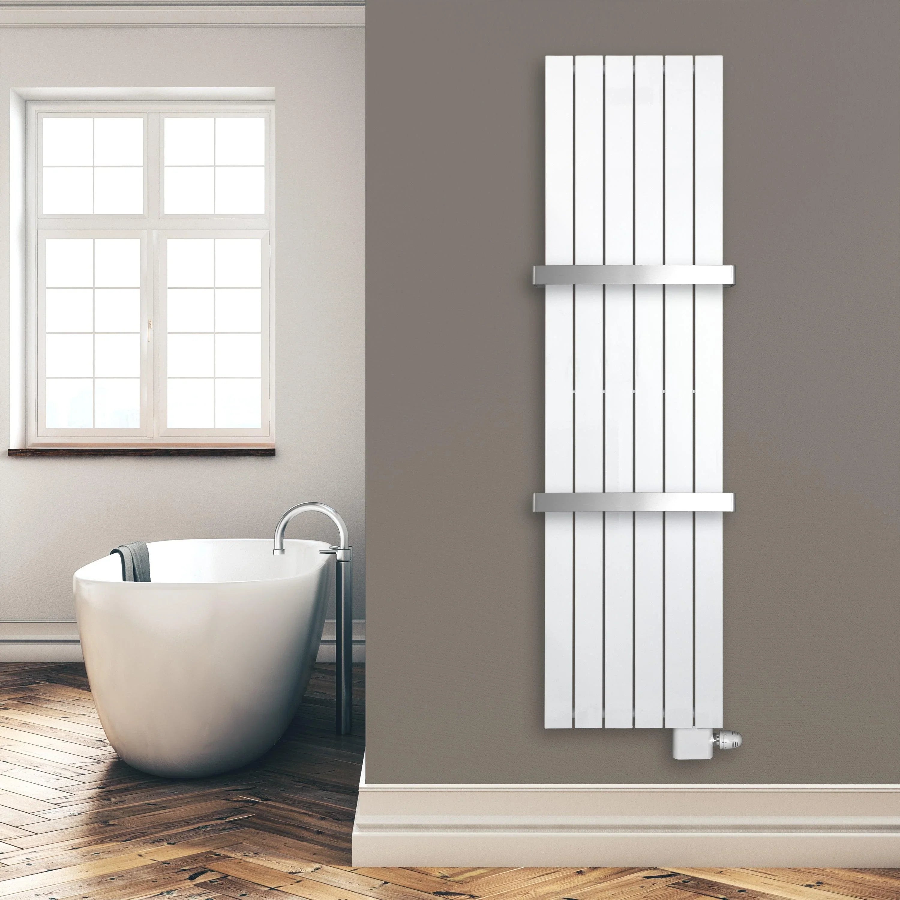 Design Paneelheizkörper 1800 x 450 mm 2 Handtuchstangen Bad Flachheizkörper Anschluss rechts versetztem Mittelanschluss flach Montagebeispiel - heizkoerper.shop
