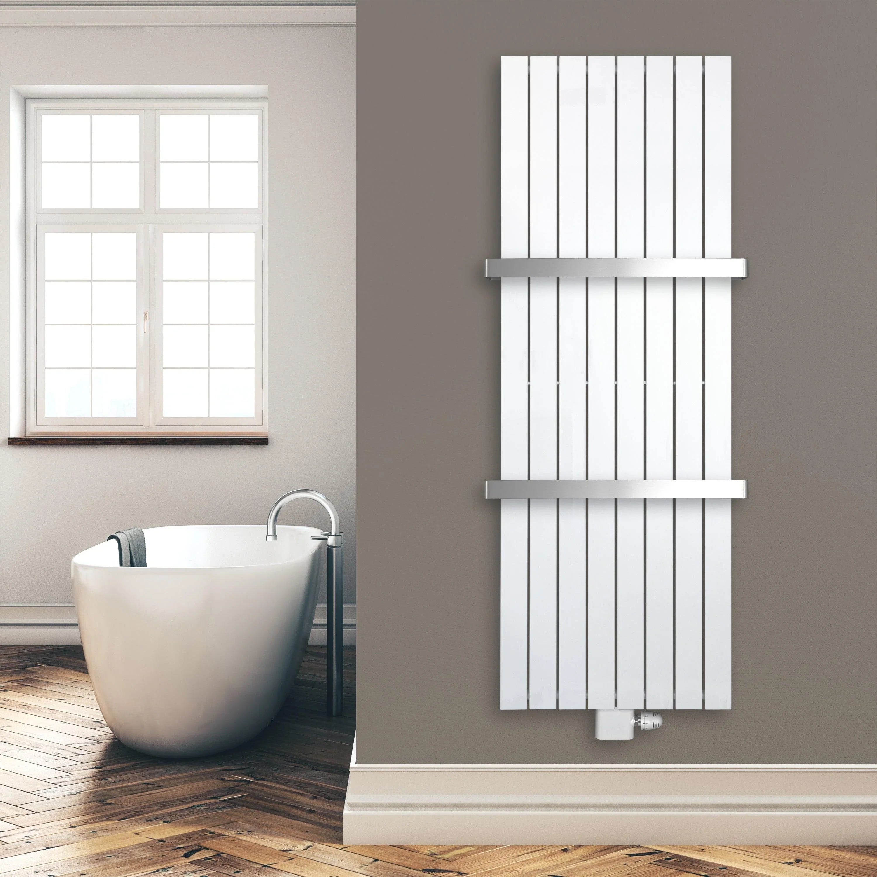 Design Paneelheizkörper 1800 x 602 mm vertikal mit 2 Handtuchstangen weiß Heizkörper Badheizkörper flach Badezimmer Heizung Montagebeispiel - heizkoerper.shop