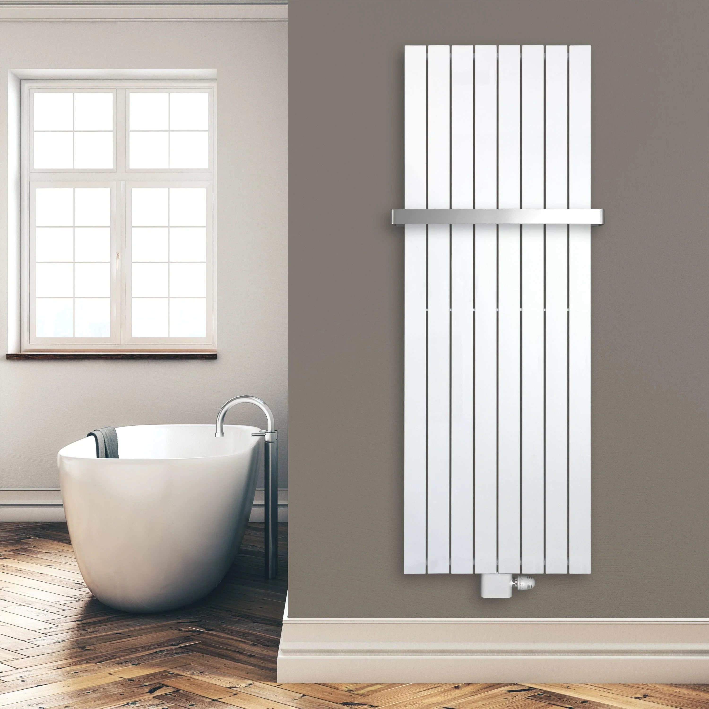 Design Paneelheizkörper 1800 x 602 mm vertikal mit Handtuchstange weiß Heizkörper Badheizkörper flach Badezimmer Heizung Montagebeispiel - heizkoerper.shop