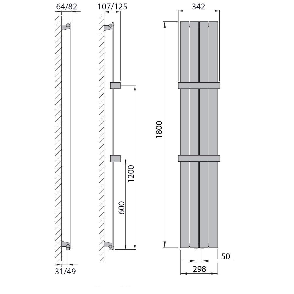 Flachheizkörper mit Mittelanschluss 1800 x 298 mit Handtuchstange weiß Heizkörper Badheizkörper flach Badezimmer Heizung technische Zeichnung - heizkoerper.shop