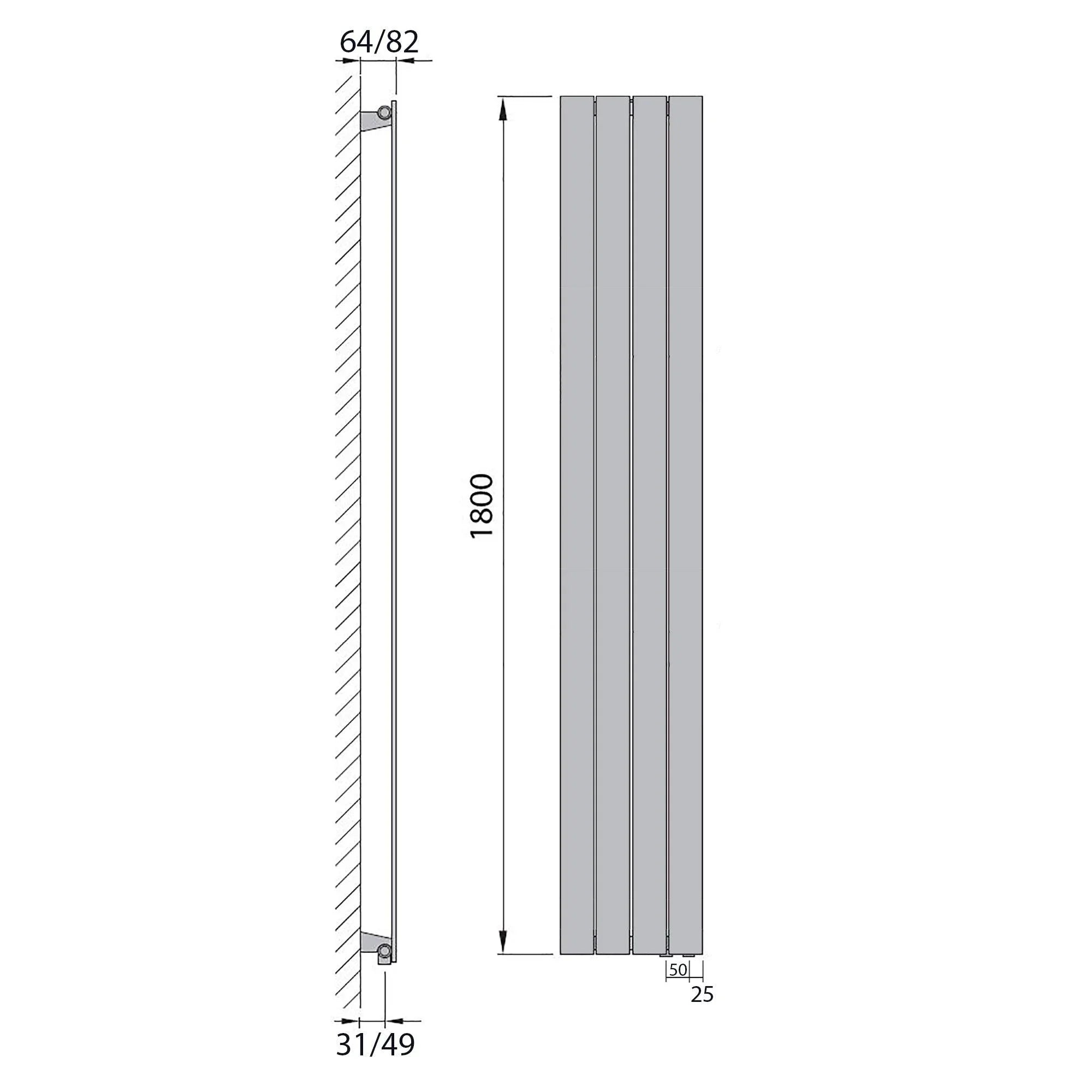 Design Paneelheizkörper Bad Flachheizkörper 1800 x 298 mit Anschluss rechts | mit versetztem Mittelanschluss flach technische Zeichnung - heizkoerper.shop
