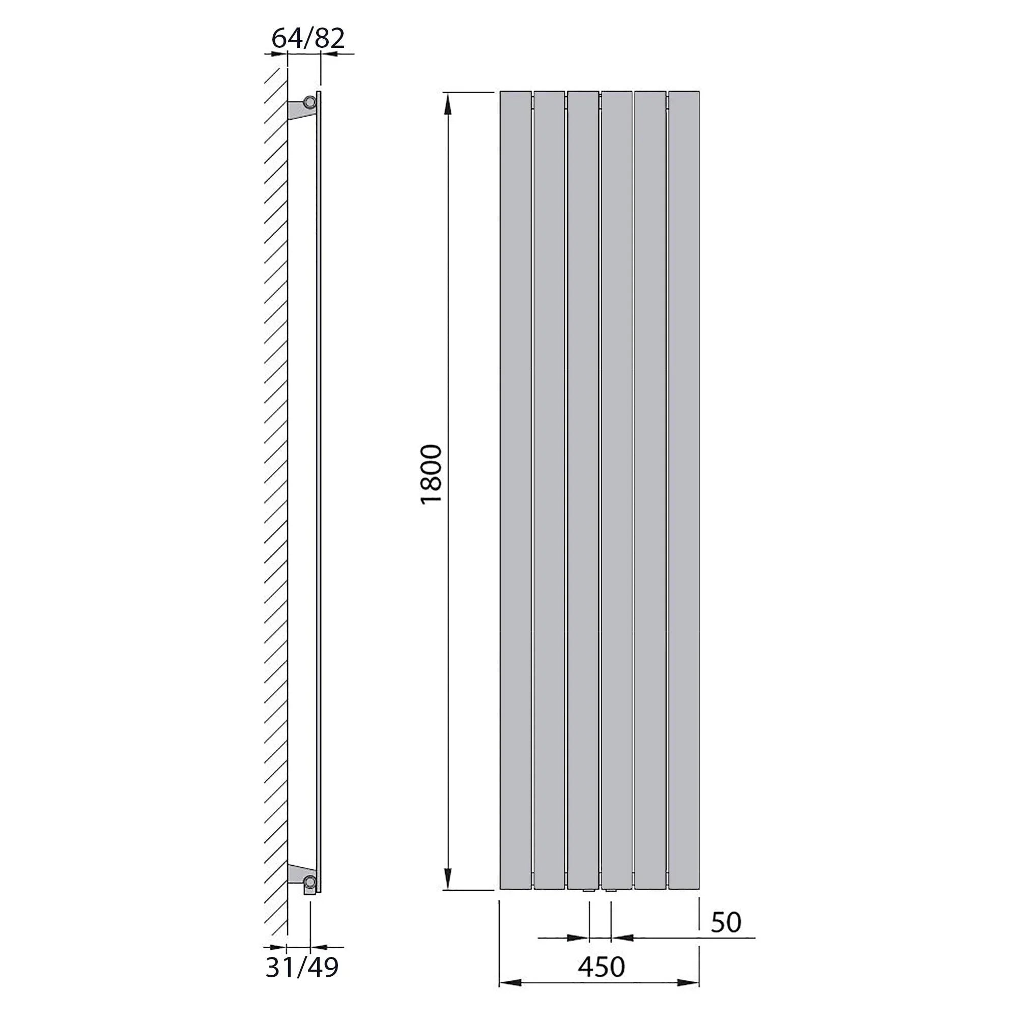 Design Paneelheizkörper vertikal 1800 x 450 anthrazit Heizkörper Badheizkörper flach Badezimmer Heizung technische Zeichnung - heizkoerper.shop