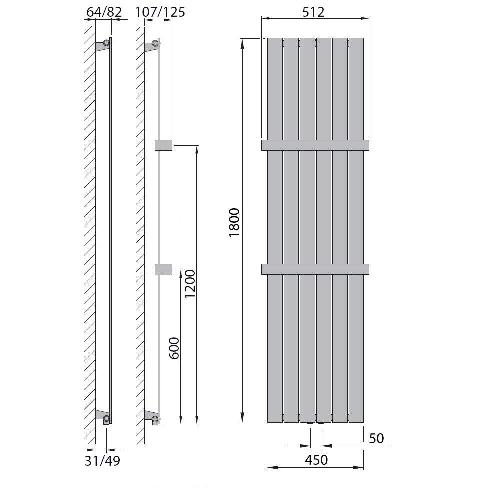 Flachheizkörper mit Mittelanschluss 1800 x 450 mit Handtuchstange weiß Heizkörper Badheizkörper flach Badezimmer Heizung technische Zeichnung - heizkoerper.shop
