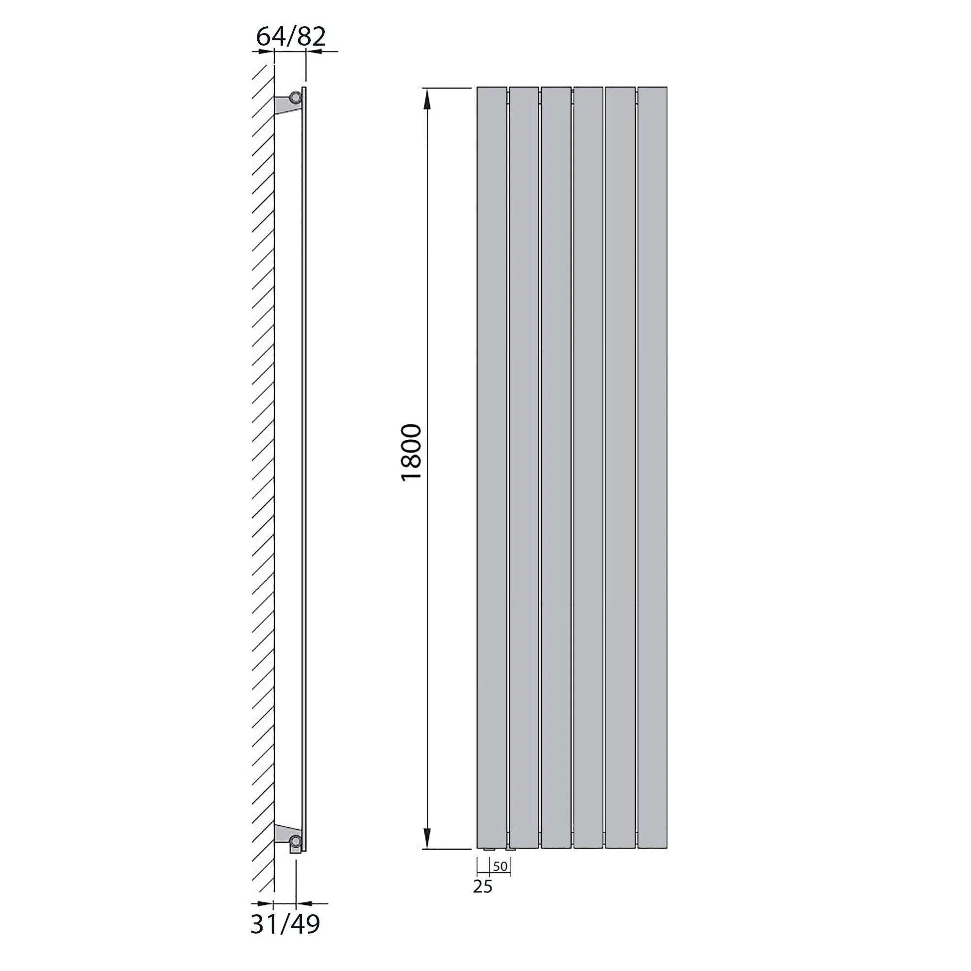 Design Paneelheizkörper Bad Flachheizkörper 1800 x 450 mit Anschluss links | mit versetztem Mittelanschluss flach technische Zeichnung - heizkoerper.shop