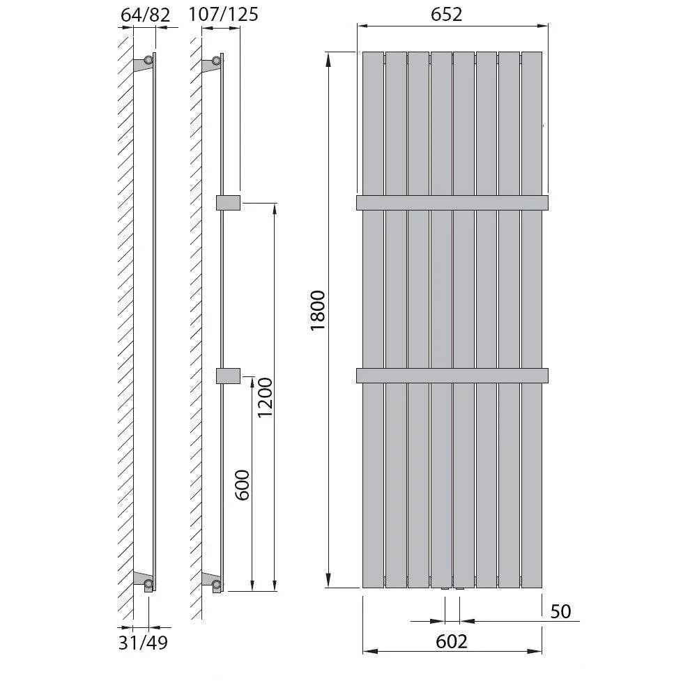 Design Paneelheizkörper vertikal 1800 x 602 mit Handtuchstange anthrazit Heizkörper Badheizkörper flach Badezimmer Heizung technische Zeichnung - heizkoerper.shop
